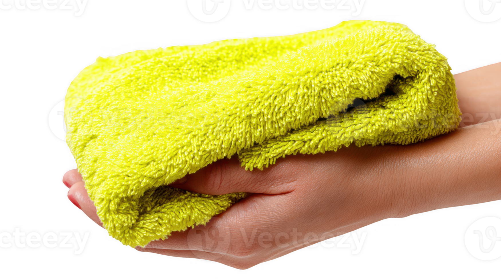 Woman holding soft green towel with transparent background png