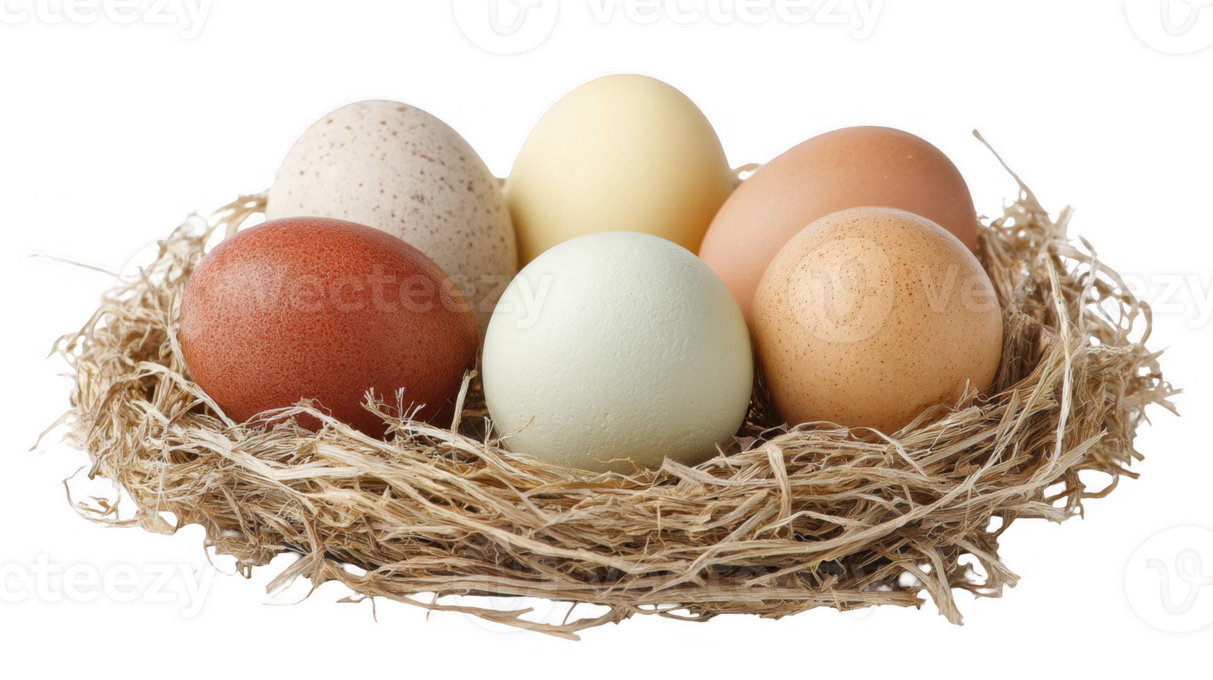 Colorful eggs nestled in soft straw fib with transparent background png