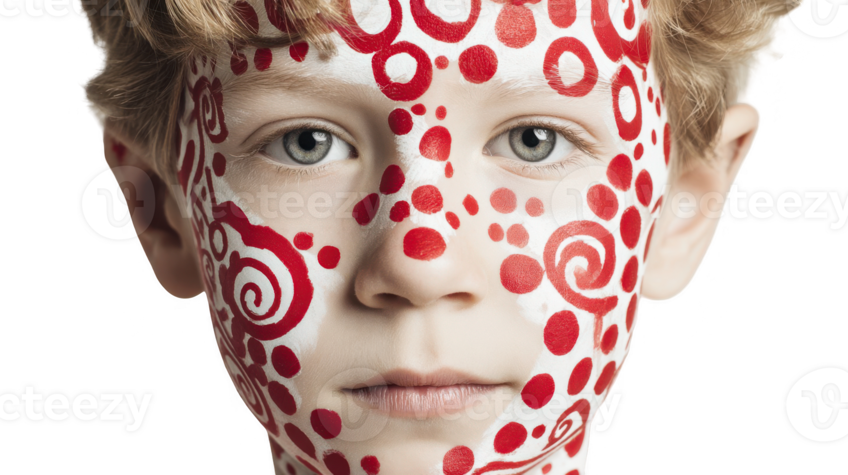 Boy showing face painting with red dots and swirls on transparent background png