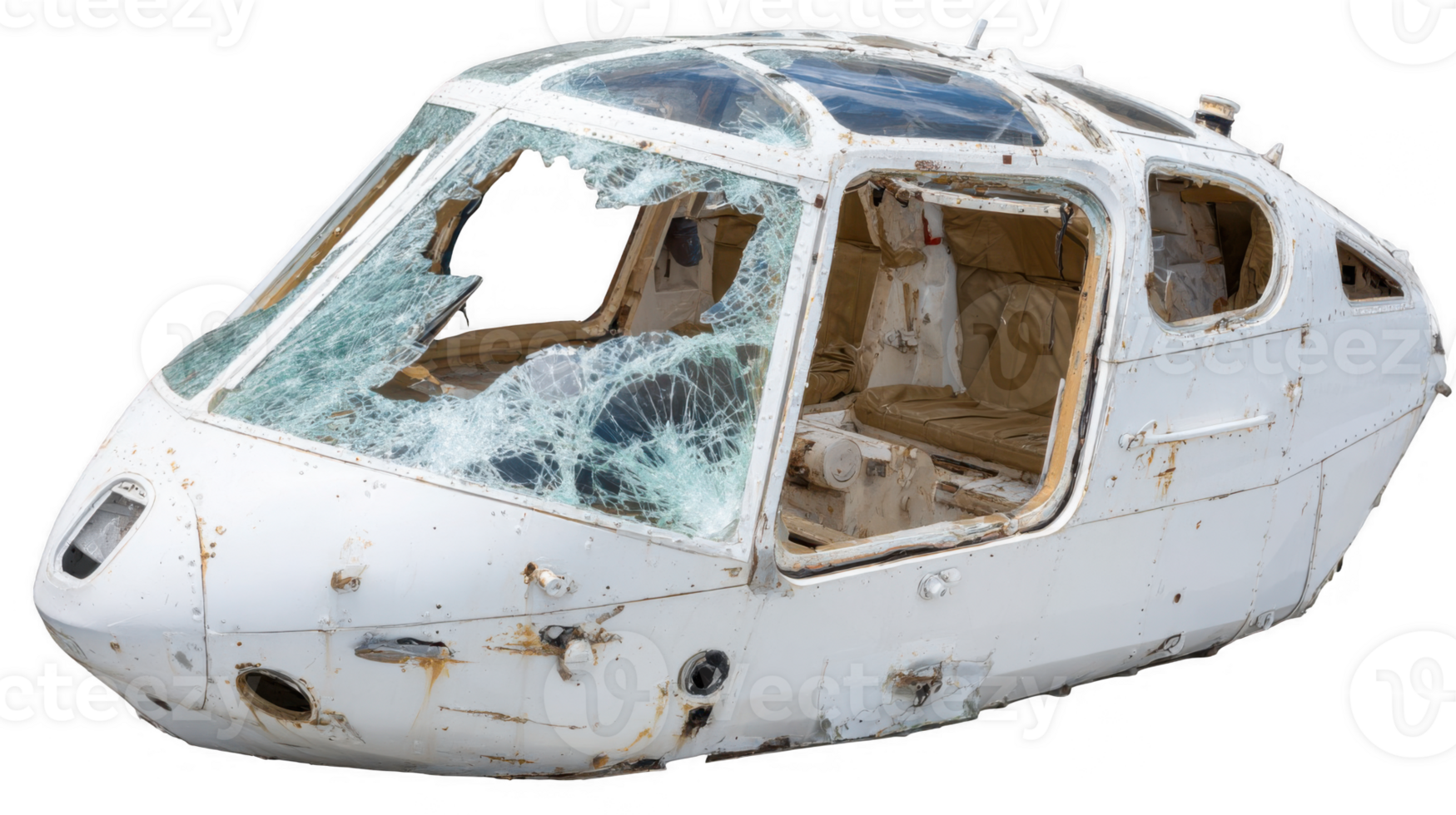 Abandoned cockpit with shattered glass on transparent background png