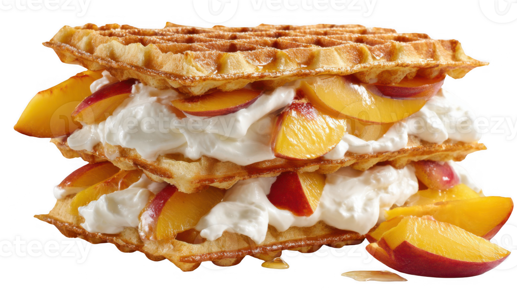 Delicious sourdough waffles layered with peach slices and whipped cream on transparent background png