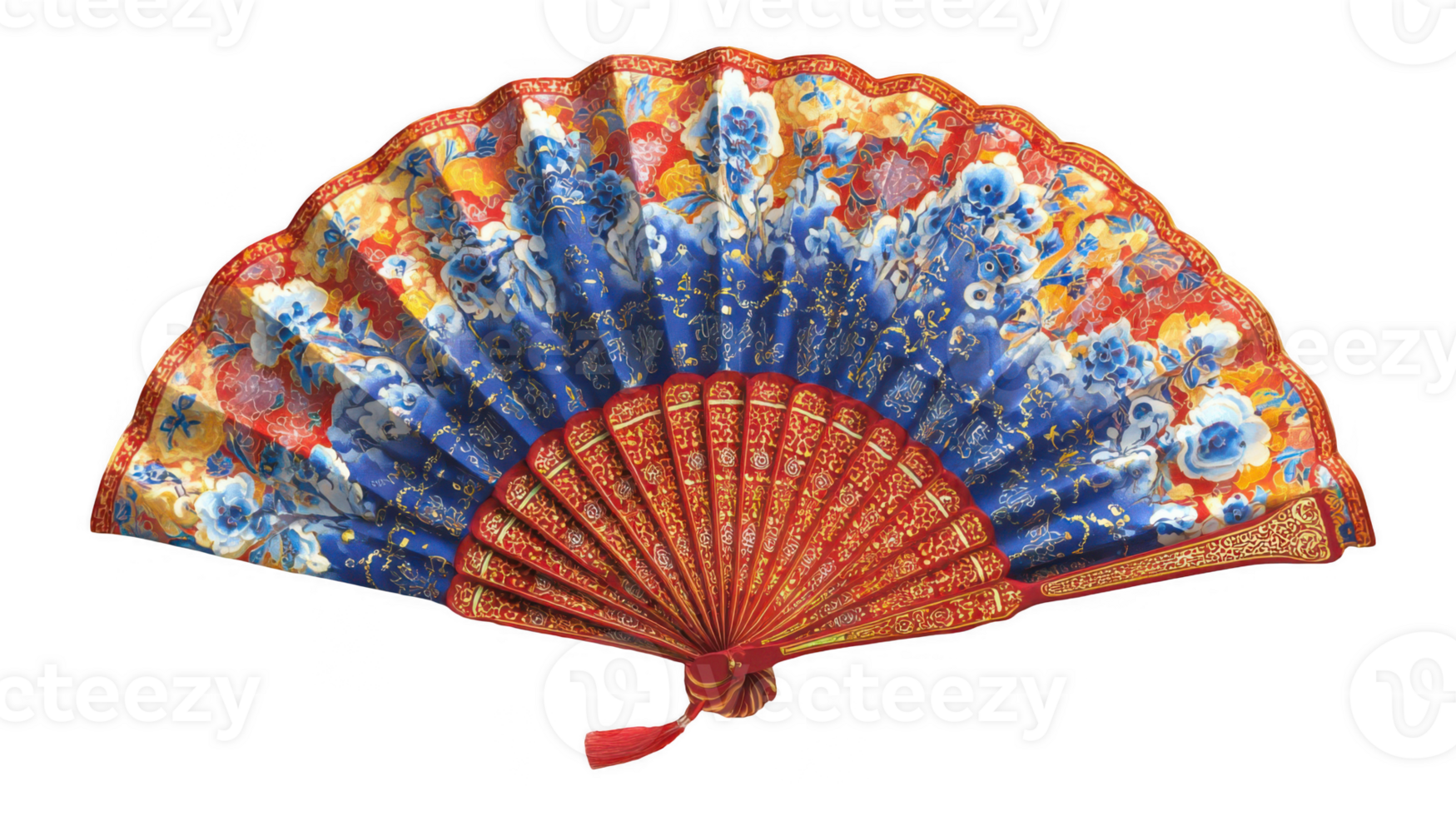 Bright fabric fan displaying traditional patterns on transparent background png