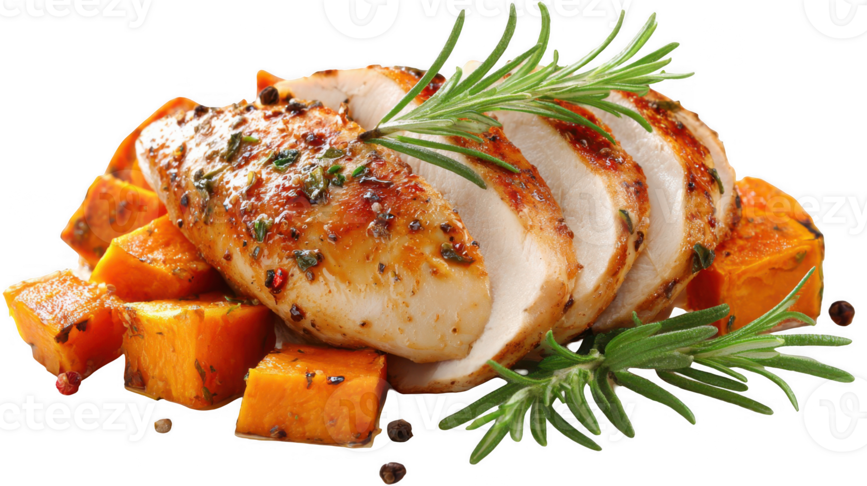 Sliced roasted chicken breast with pumpkin and rosemary on transparent background png