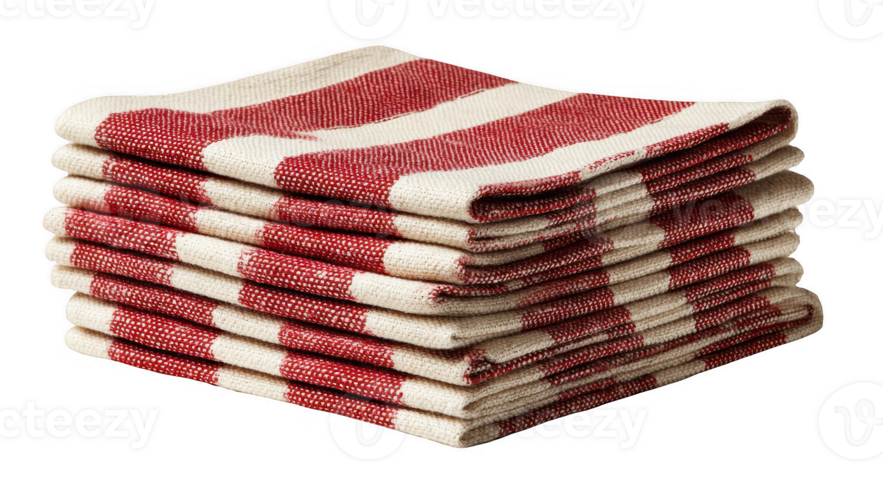 Stack of folded red and cream striped linen napkins on transparent background png