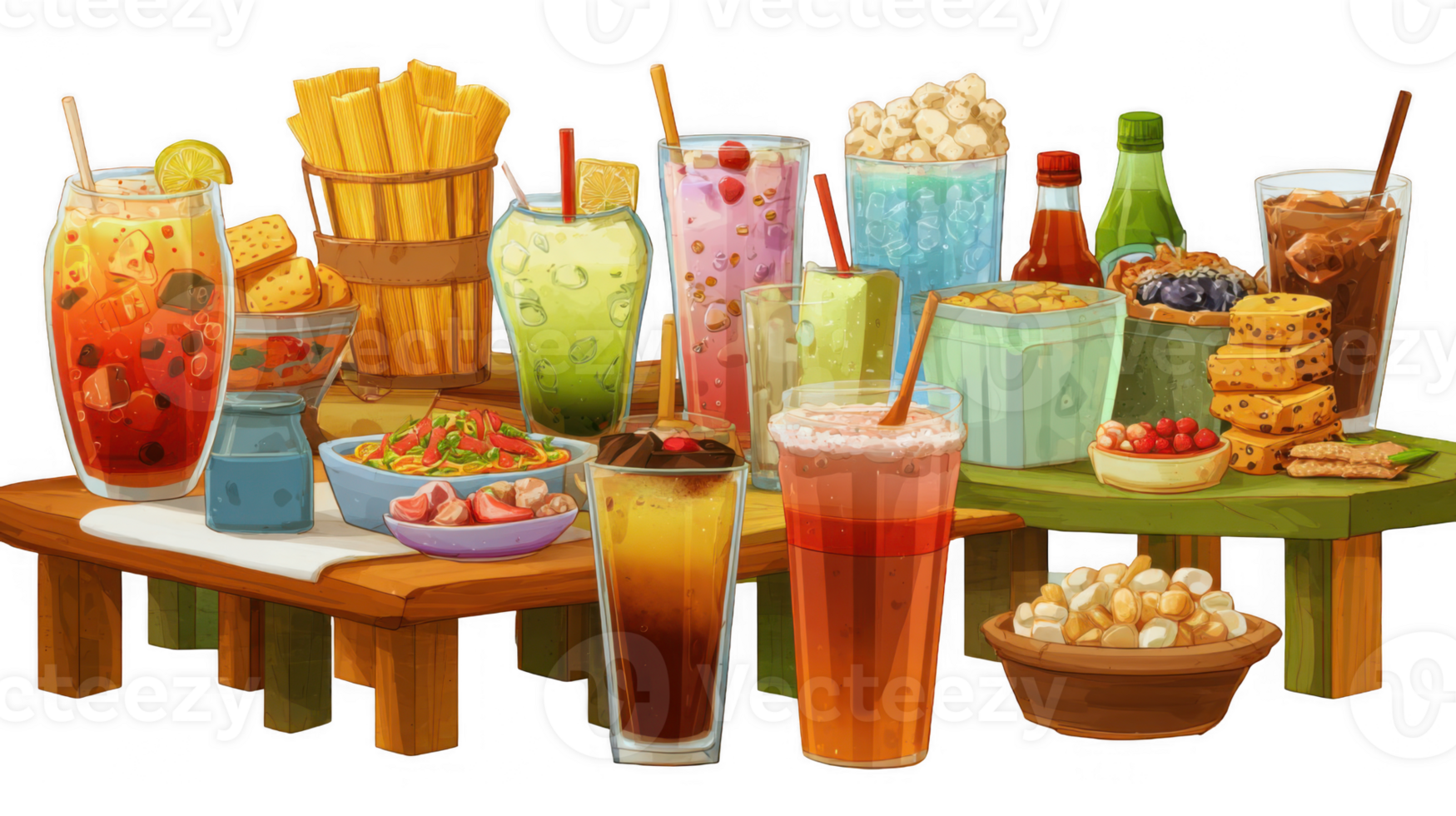 Forest of drinks and snacks overflowing two rustic tables on transparent background png