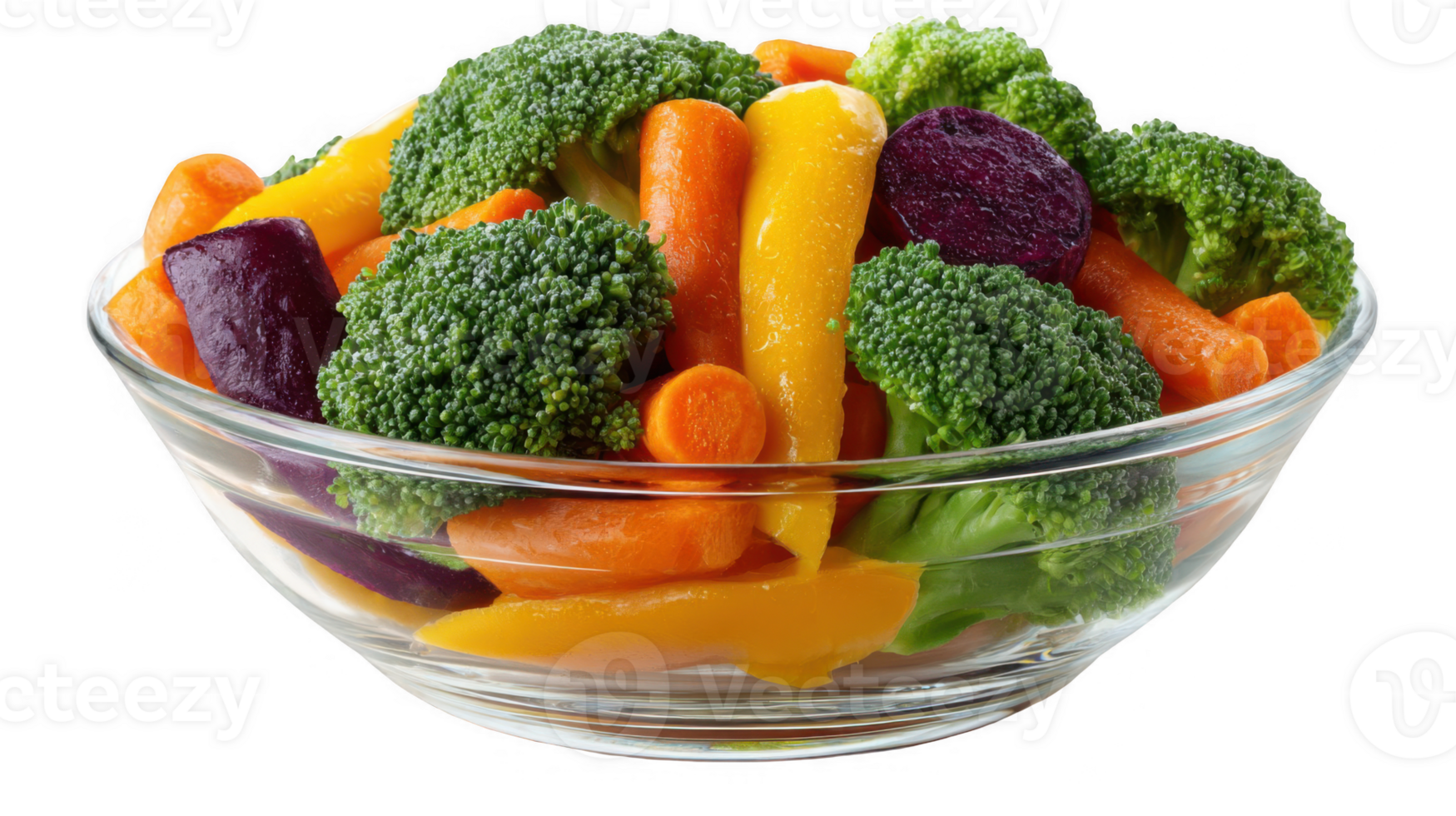 Glass bowl overflowing with fresh colorful vegetables on transparent background png