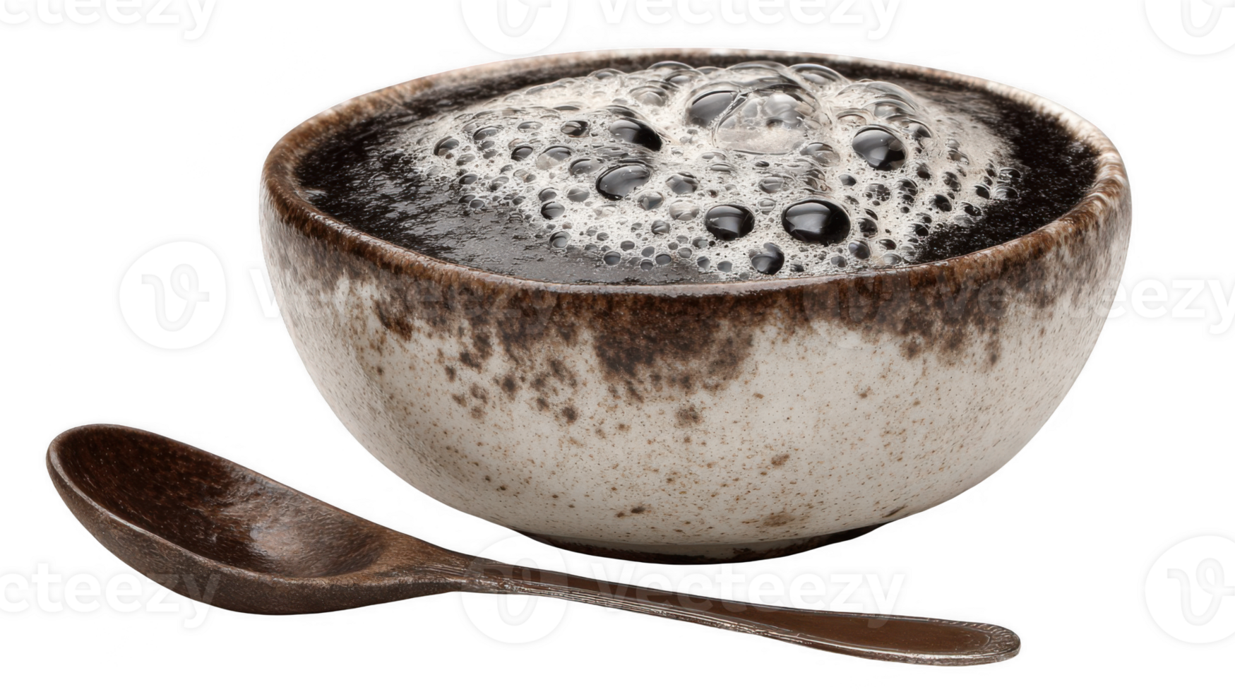 Frothy mixture in ceramic bowl with wooden spoon on transparent background png
