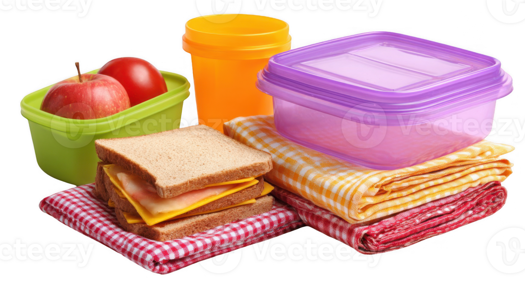 Lunch box with sandwich, fruits and napkins on transparent background png