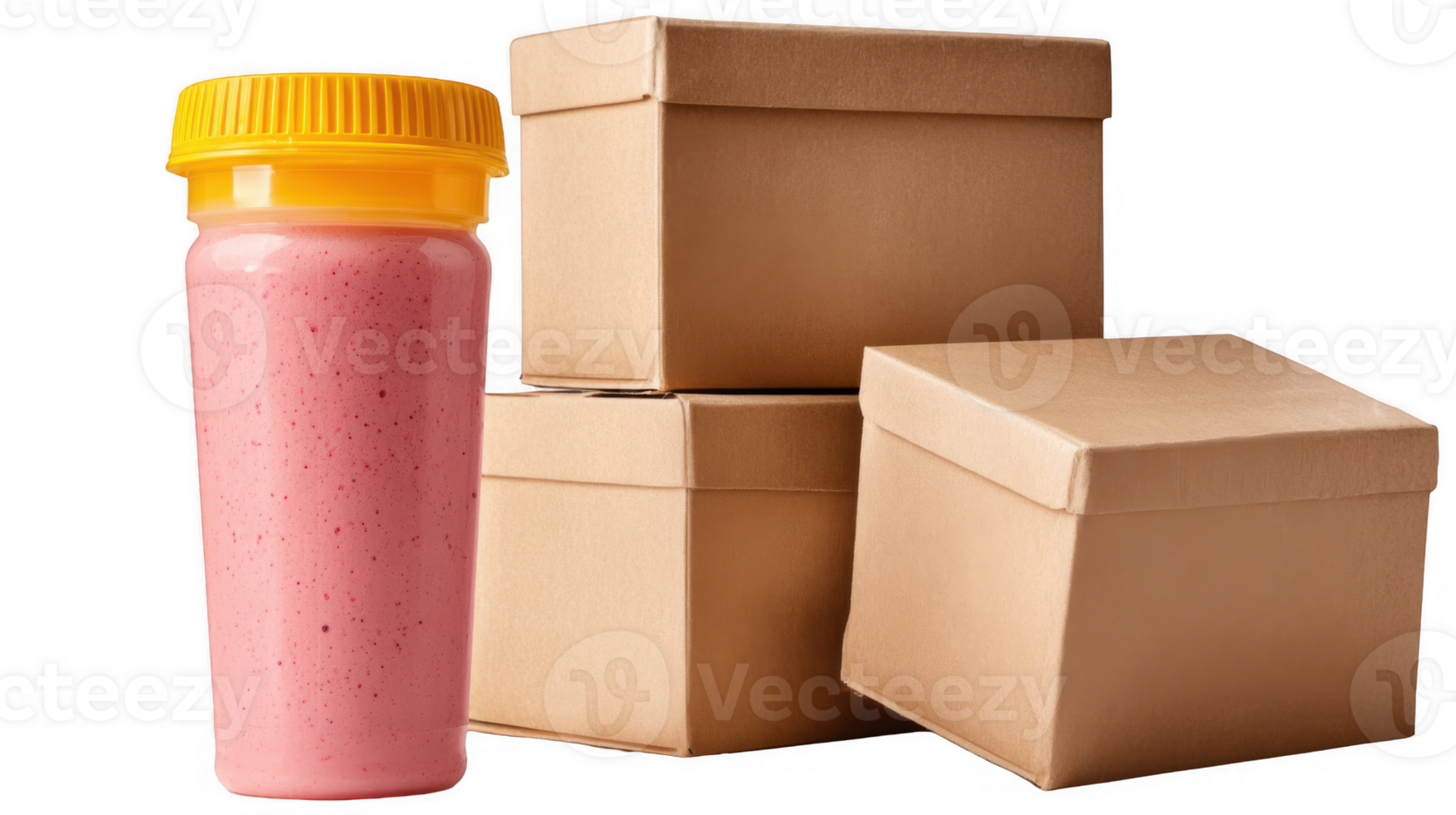 Pink smoothie bottle near stacked boxes on transparent background png