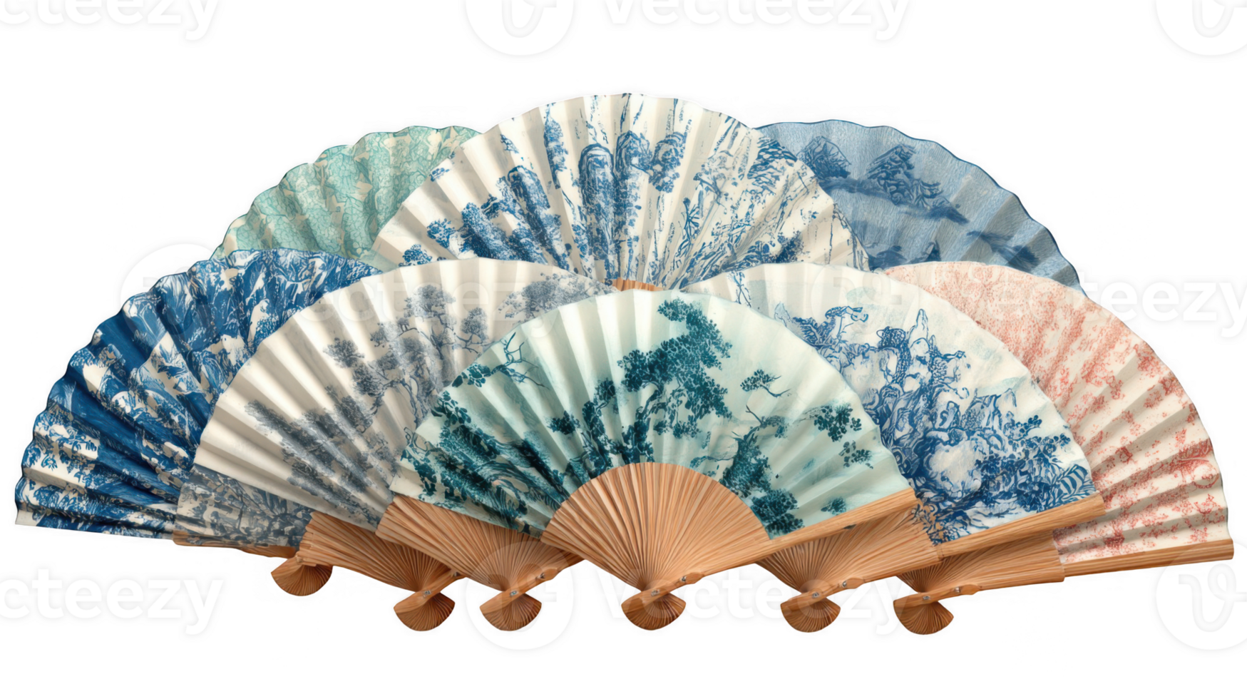 Decorative hand fans showcasing serene toile de jouy patterns on transparent background png