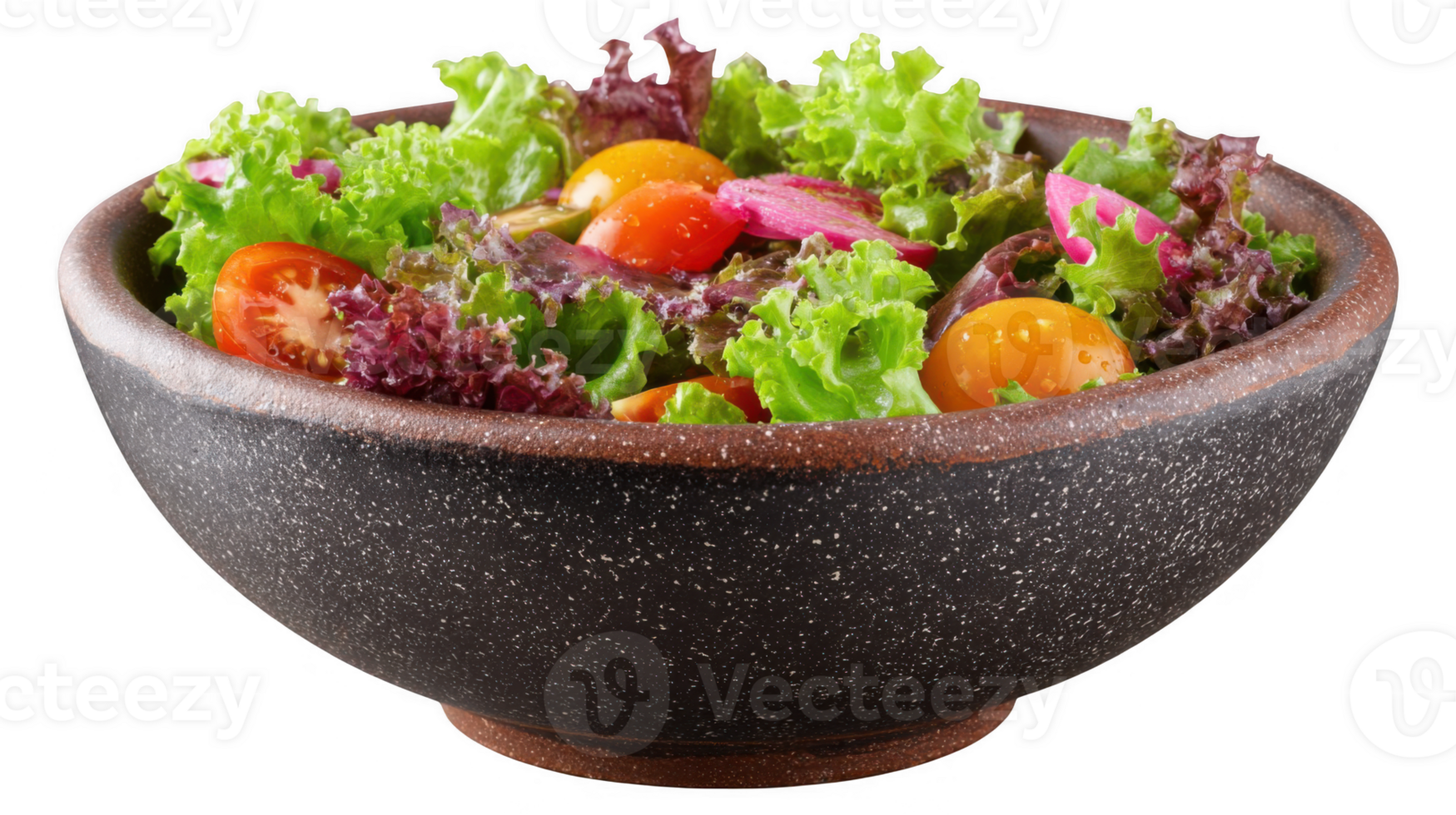 Rustic bowl overflowing with fresh, vibrant salad on transparent background png