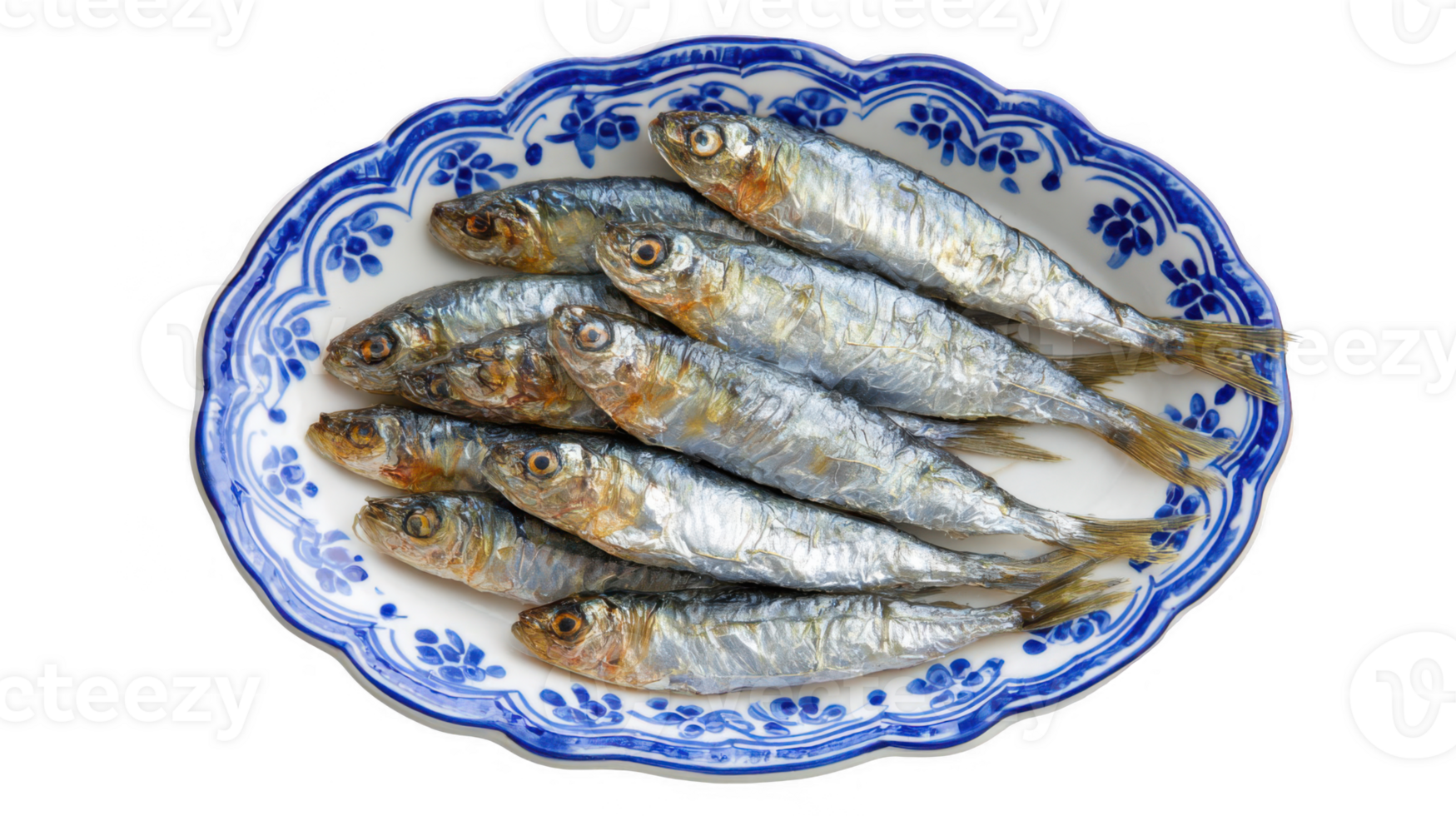 Crispy sardines arranged on elegant blue and white dish, transparent background png