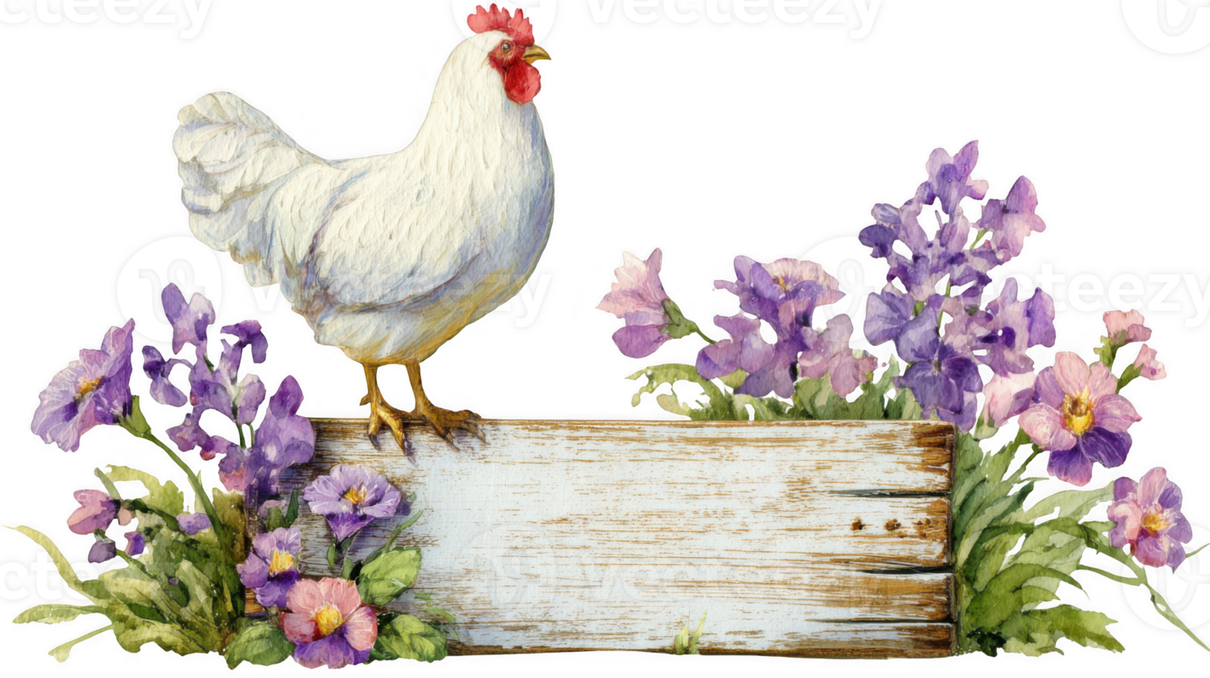 White hen standing on wooden sign with purple flowers and transparent background png