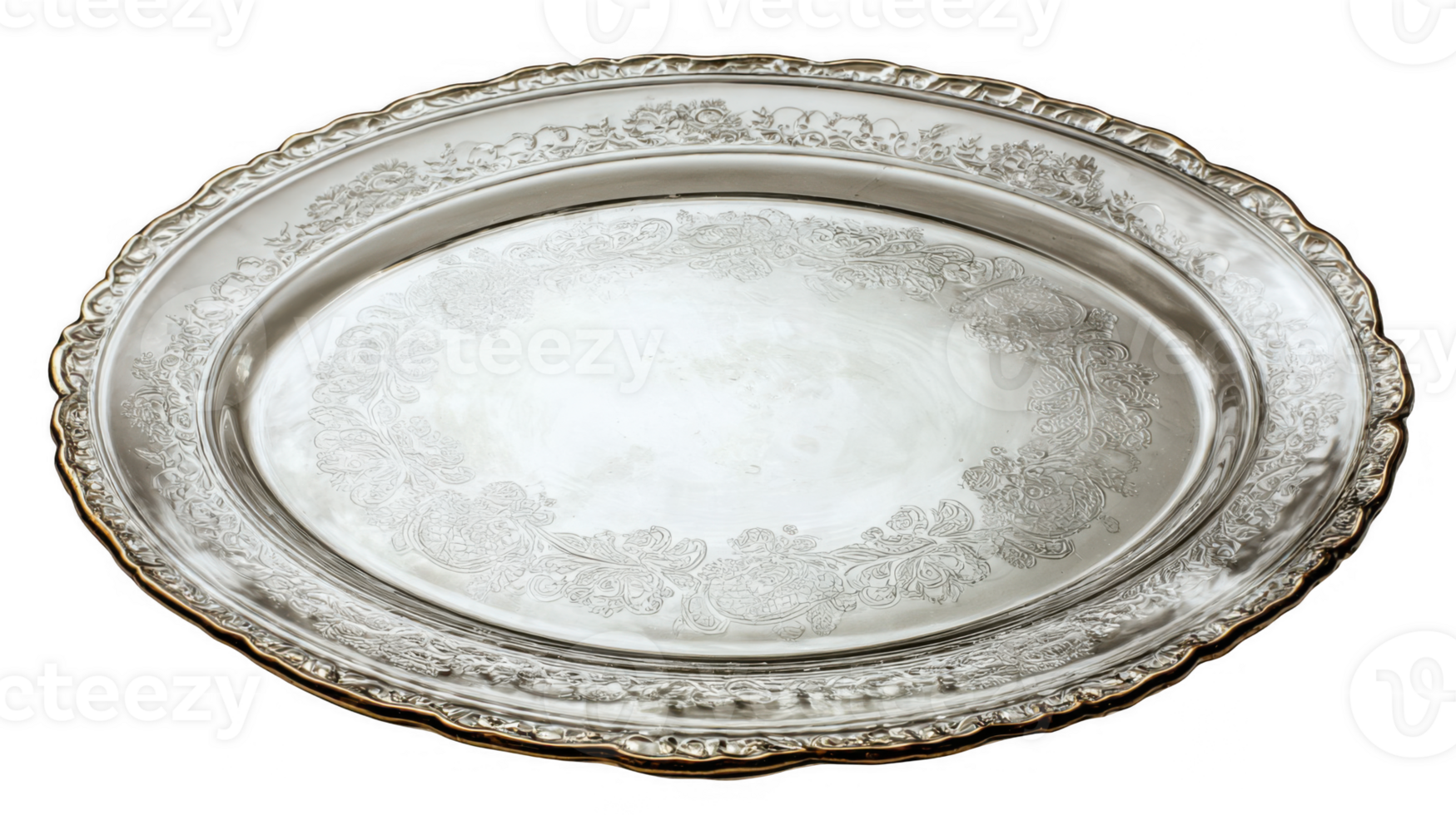 Oval silver platter with floral etching on transparent background png