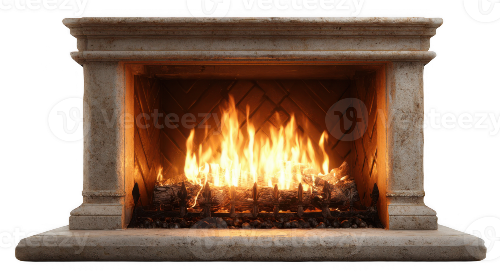 Fireplace burning with bright flames on transparent background png