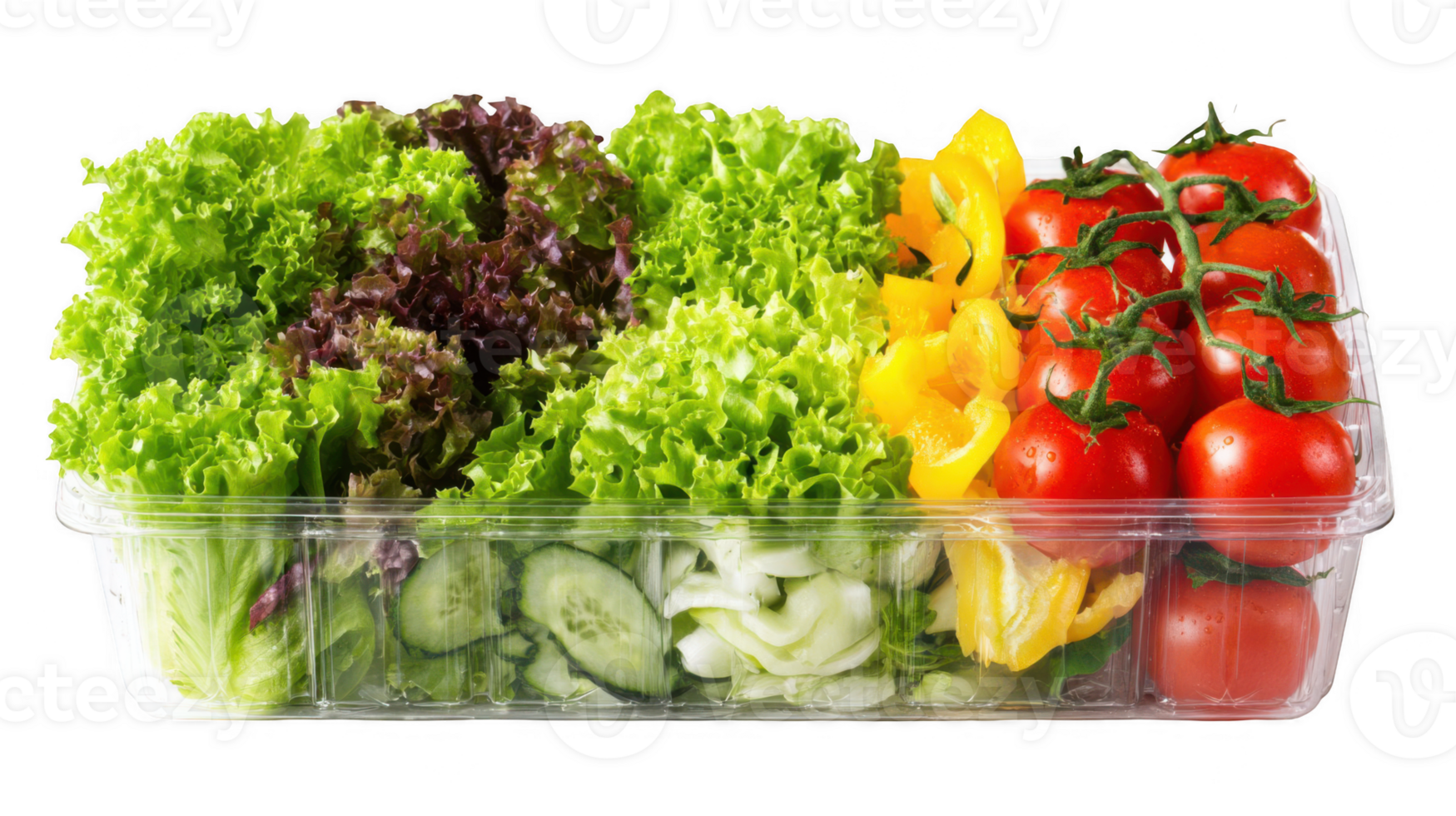 Fresh salad ingredients packed in a transparent plastic container with a transparent background png