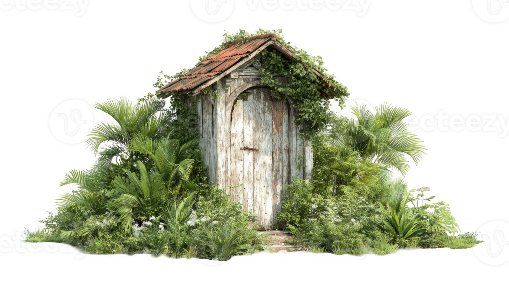 Small abandoned coop entrance surrounded by lush vegetation on transparent background png
