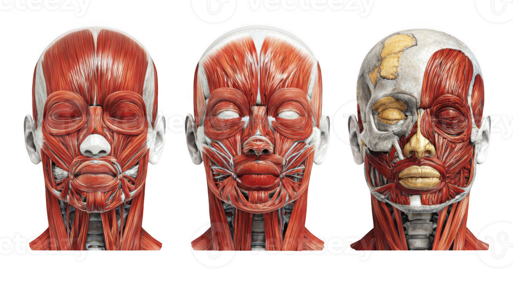 Facial muscles anatomy showing different levels of detail on transparent background png