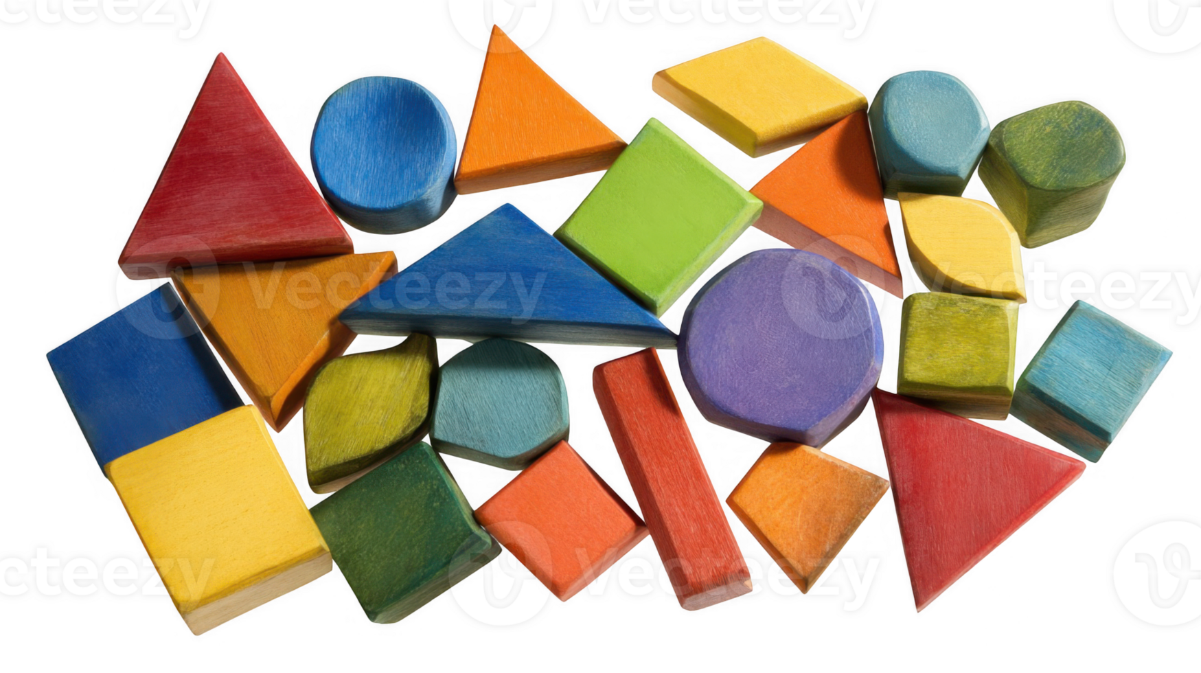 Colorful wooden shapes arranged on transparent background creating playful composition png