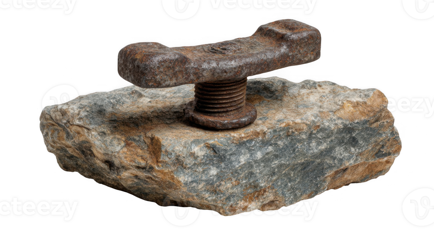 Rusty iron cleat fixed in rocky masonry with transparent background png