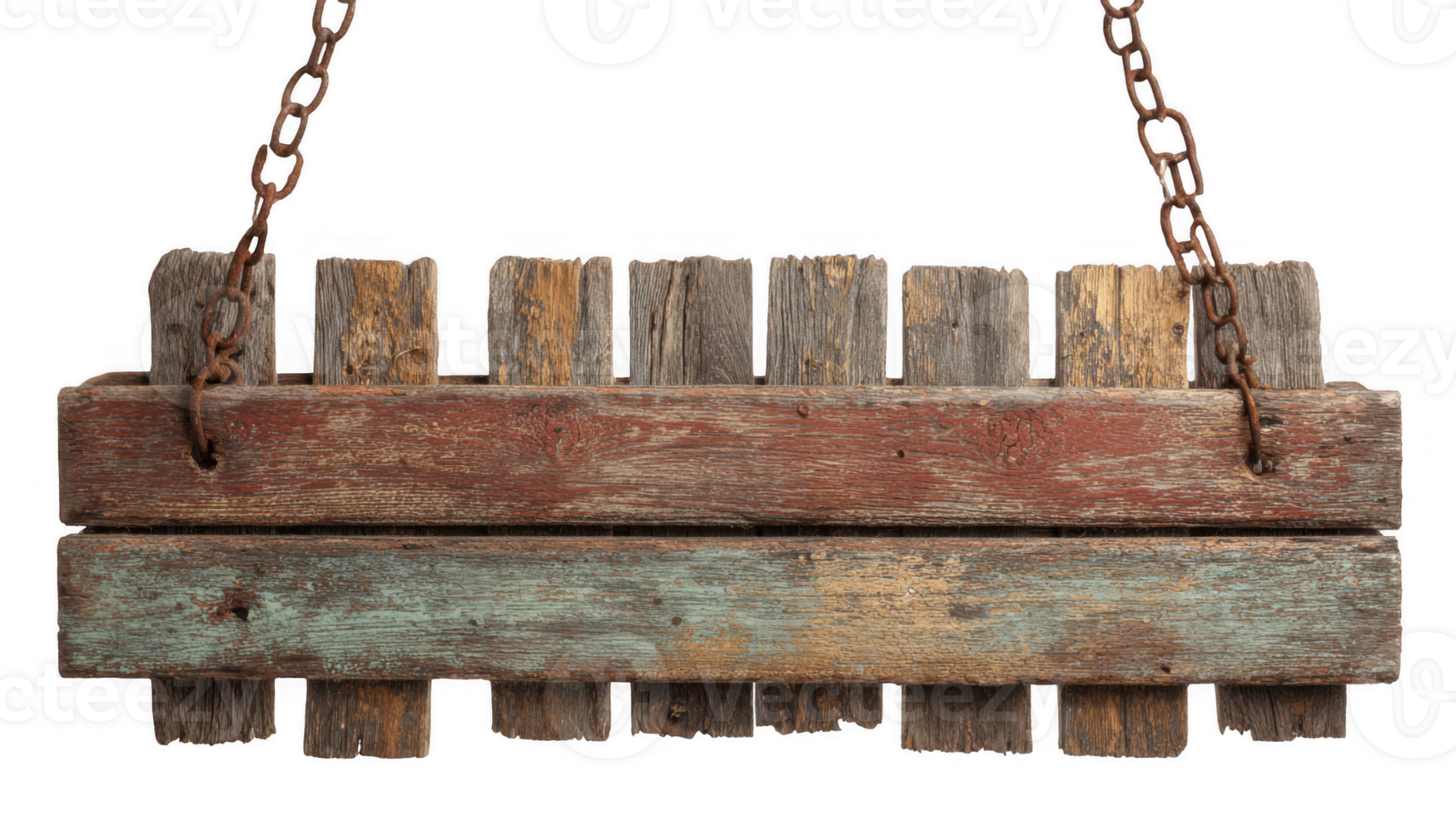 Rustic wooden sign hanging from rusty chains on transparent background png