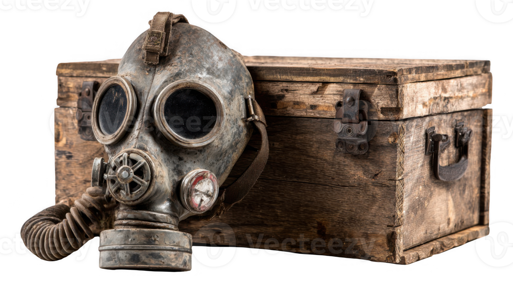 Worn out gas mask leaning on dusty wooden crate with transparent background png