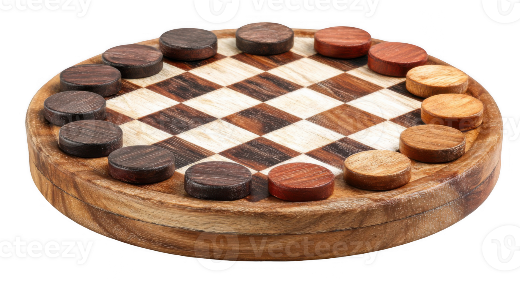 Wooden checkers board with alternating color pieces on transparent background png
