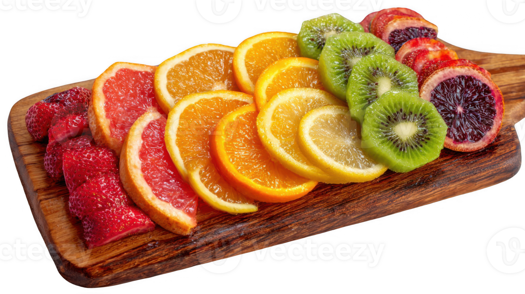 Sliced fruits arranged on wooden cutting board with transparent background png