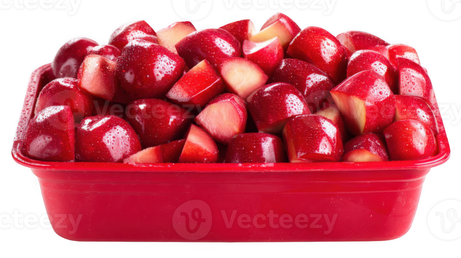 Fresh red apple pieces preserved in red plastic box on transparent background png