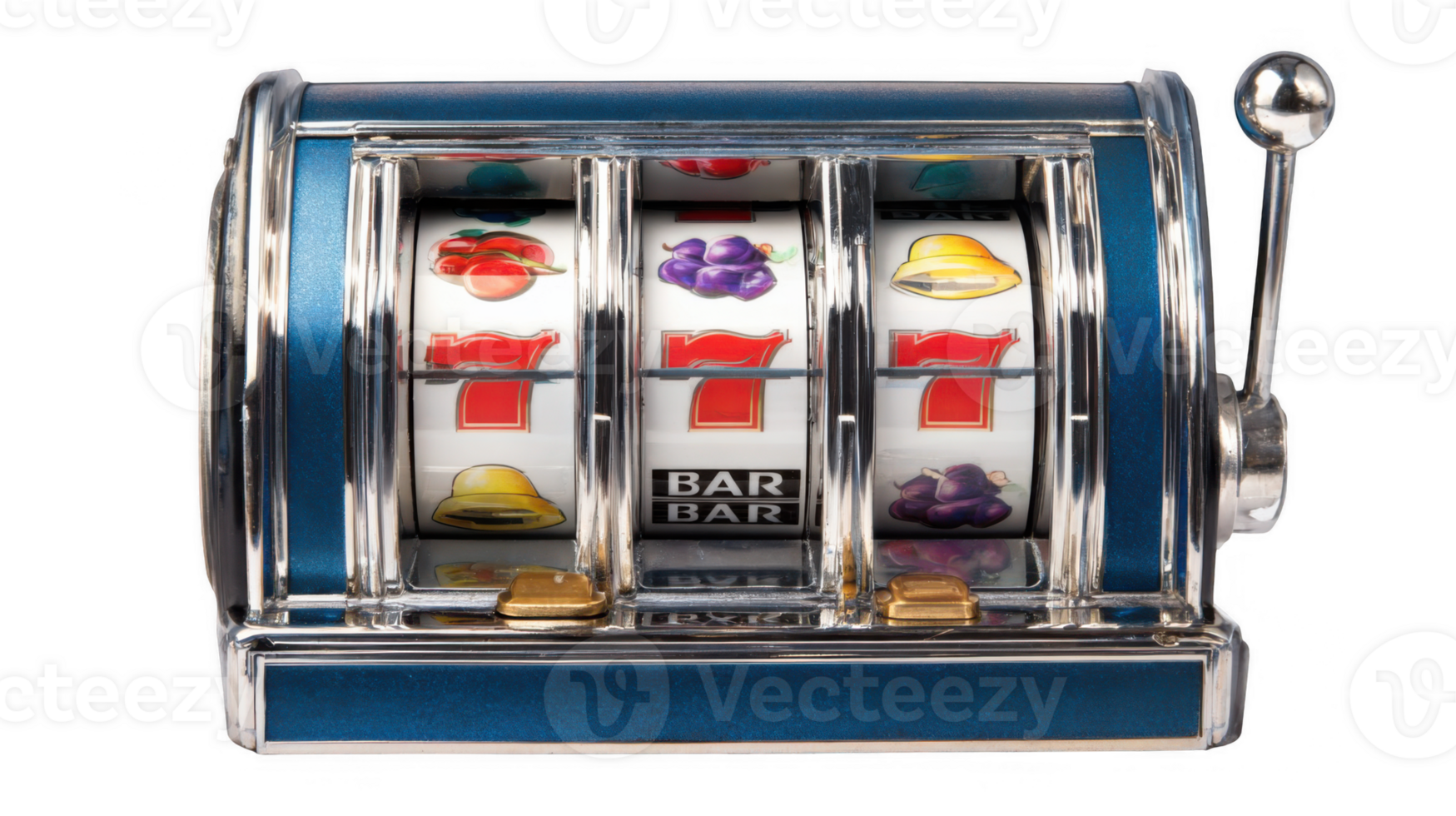 Classic slot machine showing triple lucky seven on transparent background png