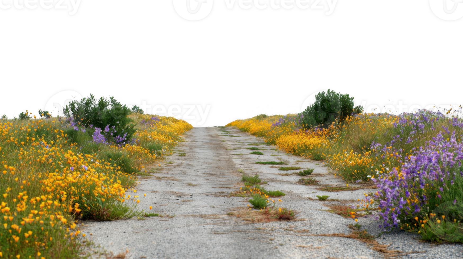 Empty road fading into wildflowers with transparent background png