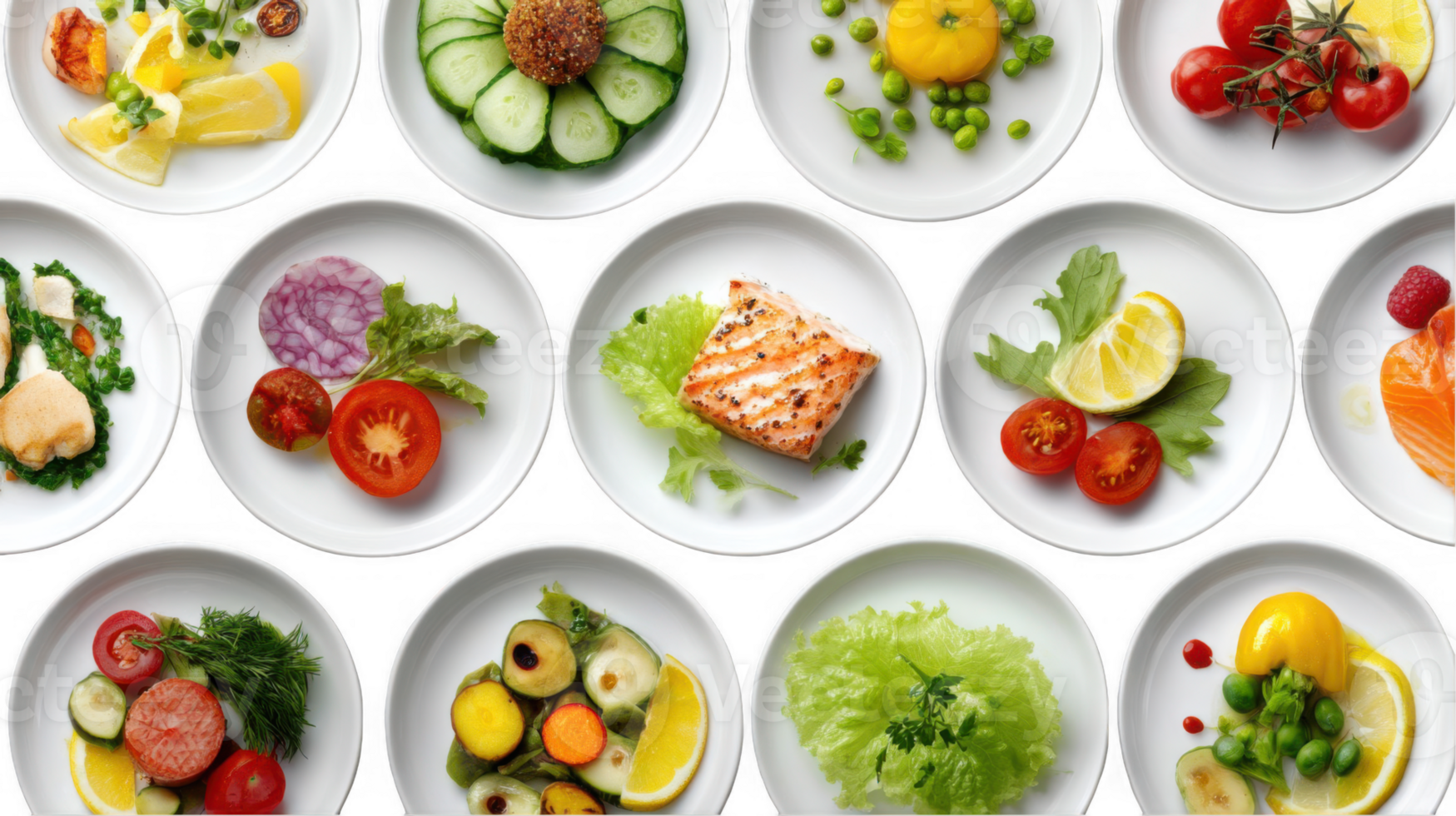 Colorful food displayed on plates with transparent background png
