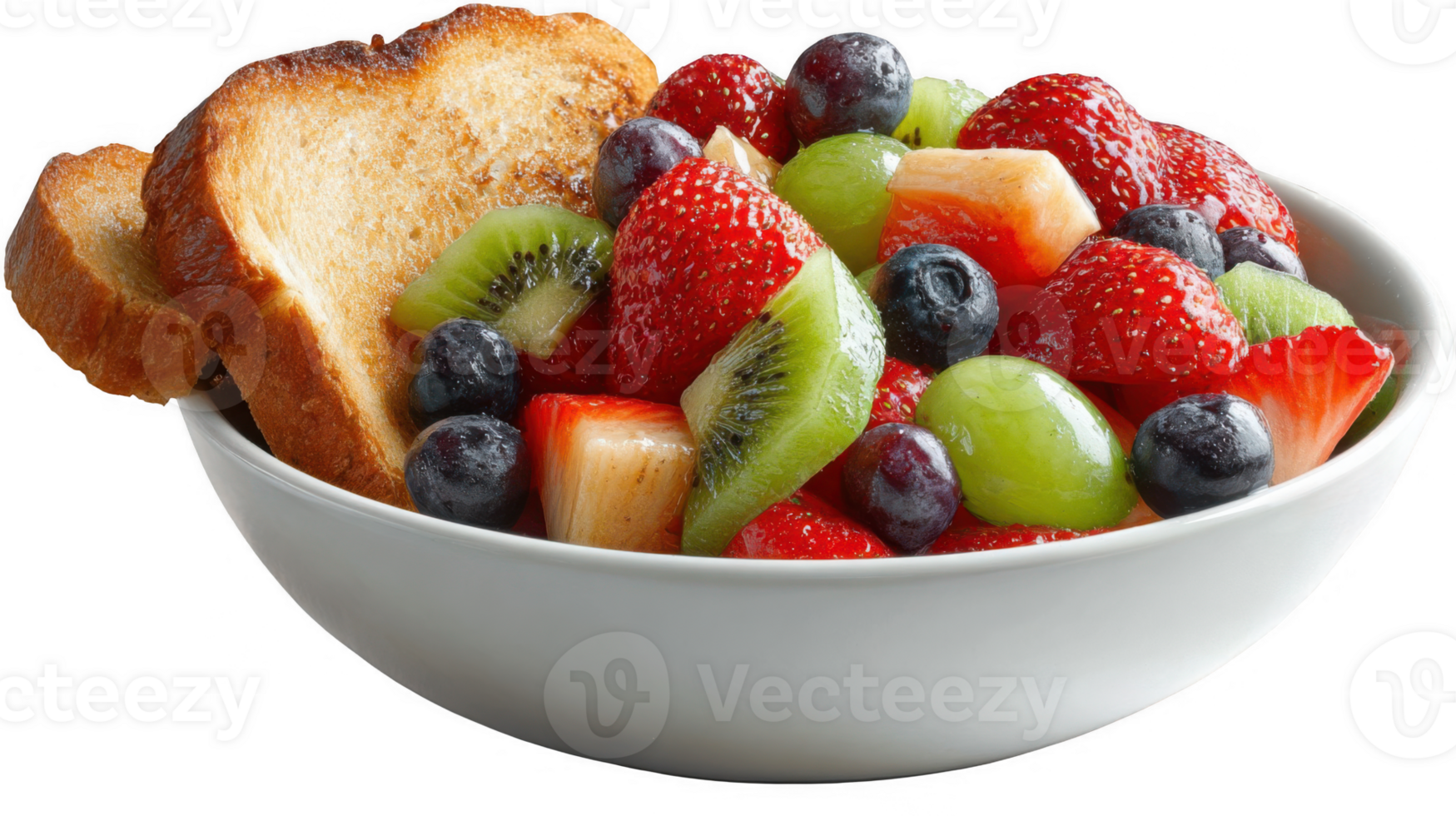 Bowl of fresh fruit salad with sourdough toast on transparent background png