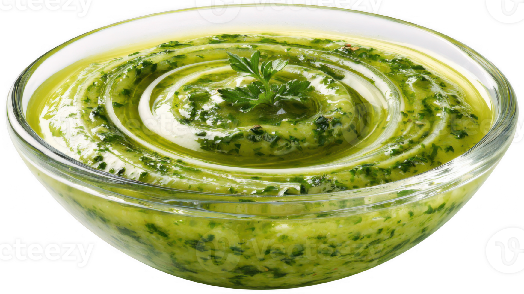 Pesto sauce swirling in a bowl with fresh herbs and transparent background png