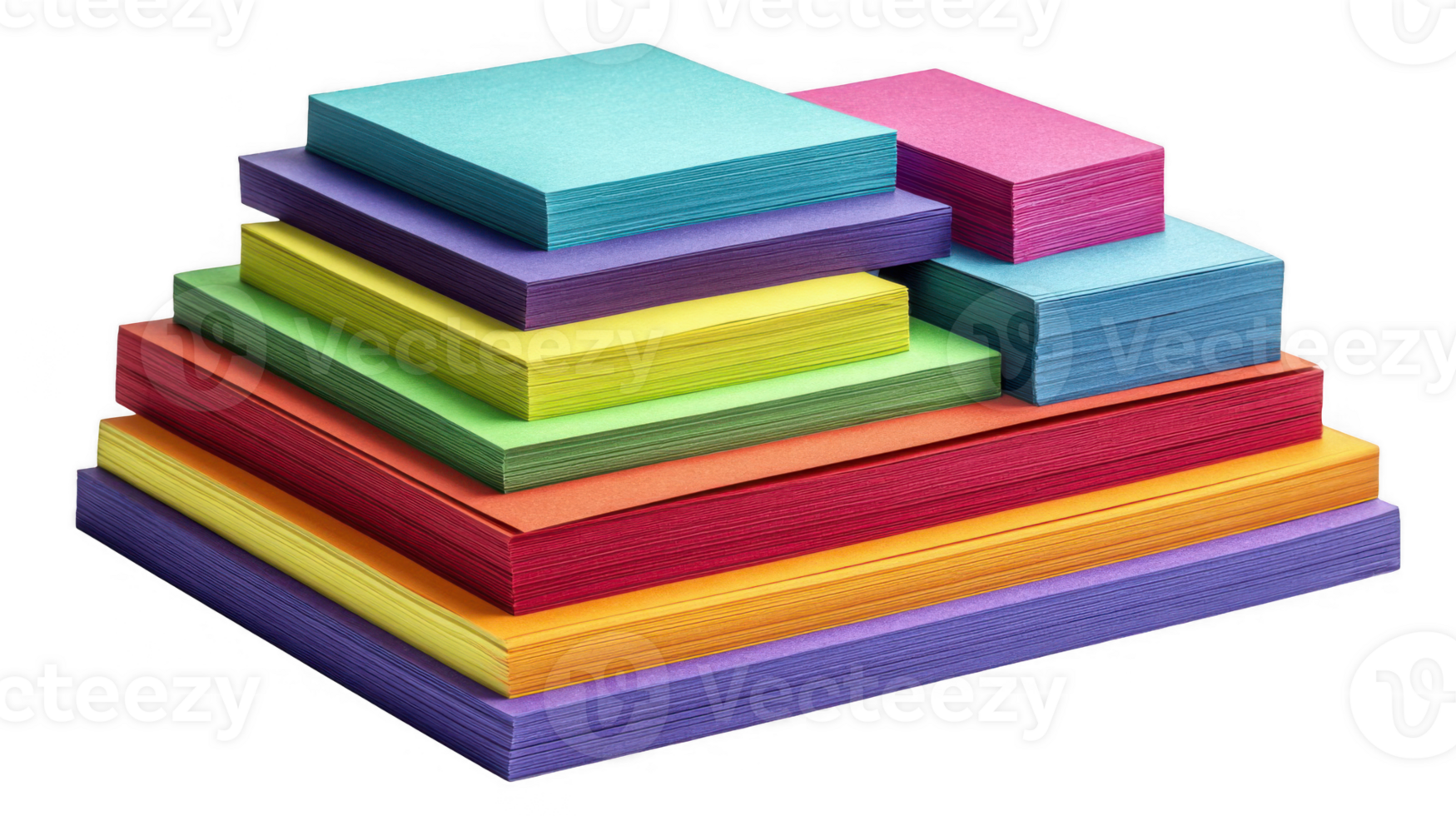 Stack of vibrant cardstock paper creating a colorful pyramid on transparent background png