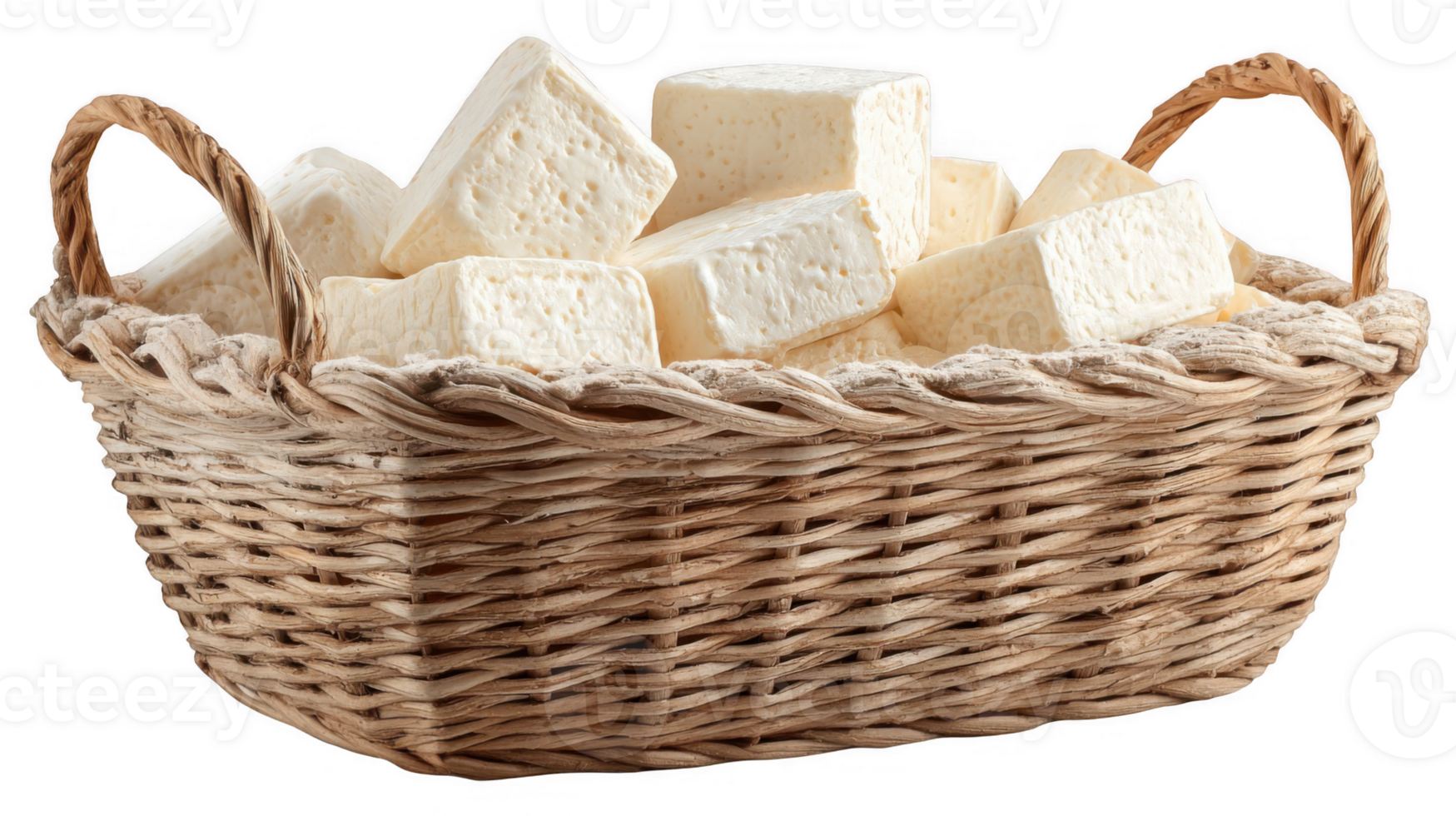 Wicker basket overflowing with delicious, creamy white cheese cubes on transparent background png
