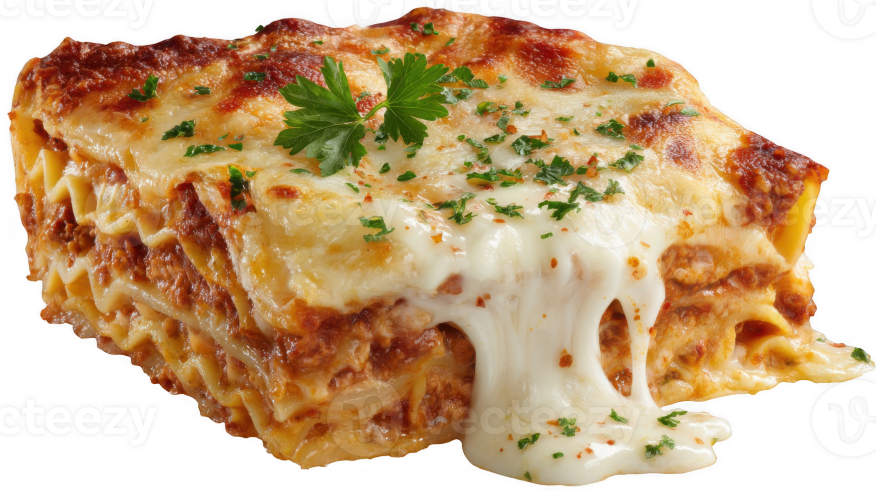 Delicious slice of lasagna revealing gooey cheese and meat on transparent background png