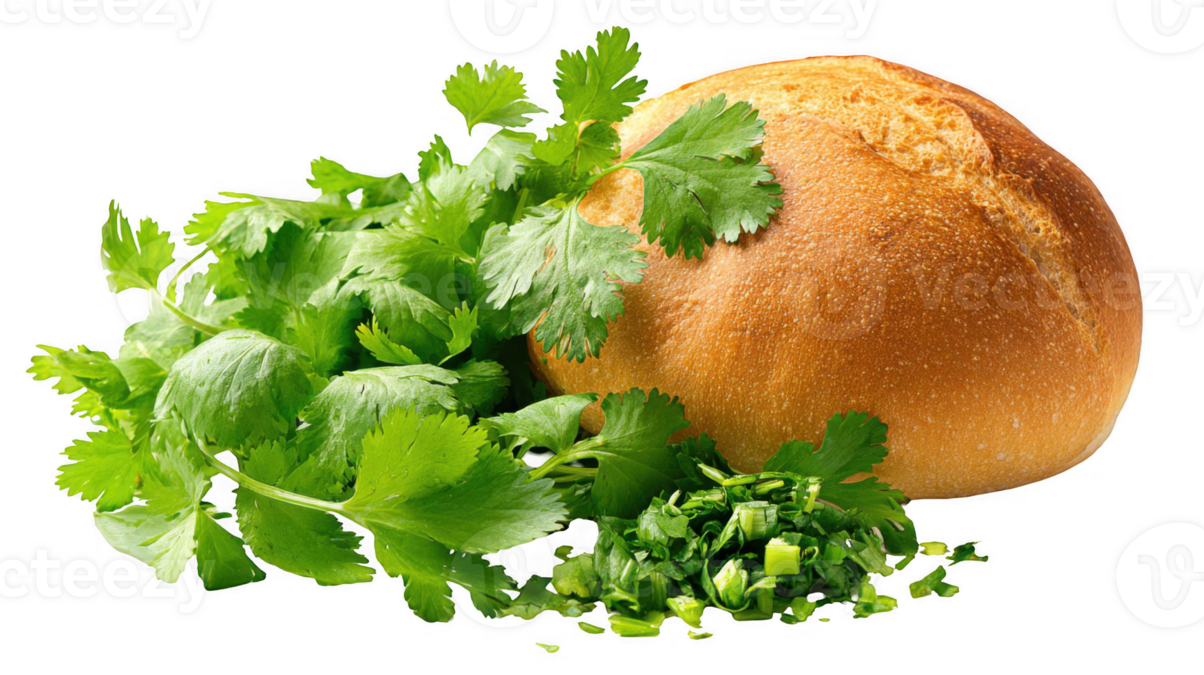 Round loaf resting next to chopped fresh cilantro on transparent background png