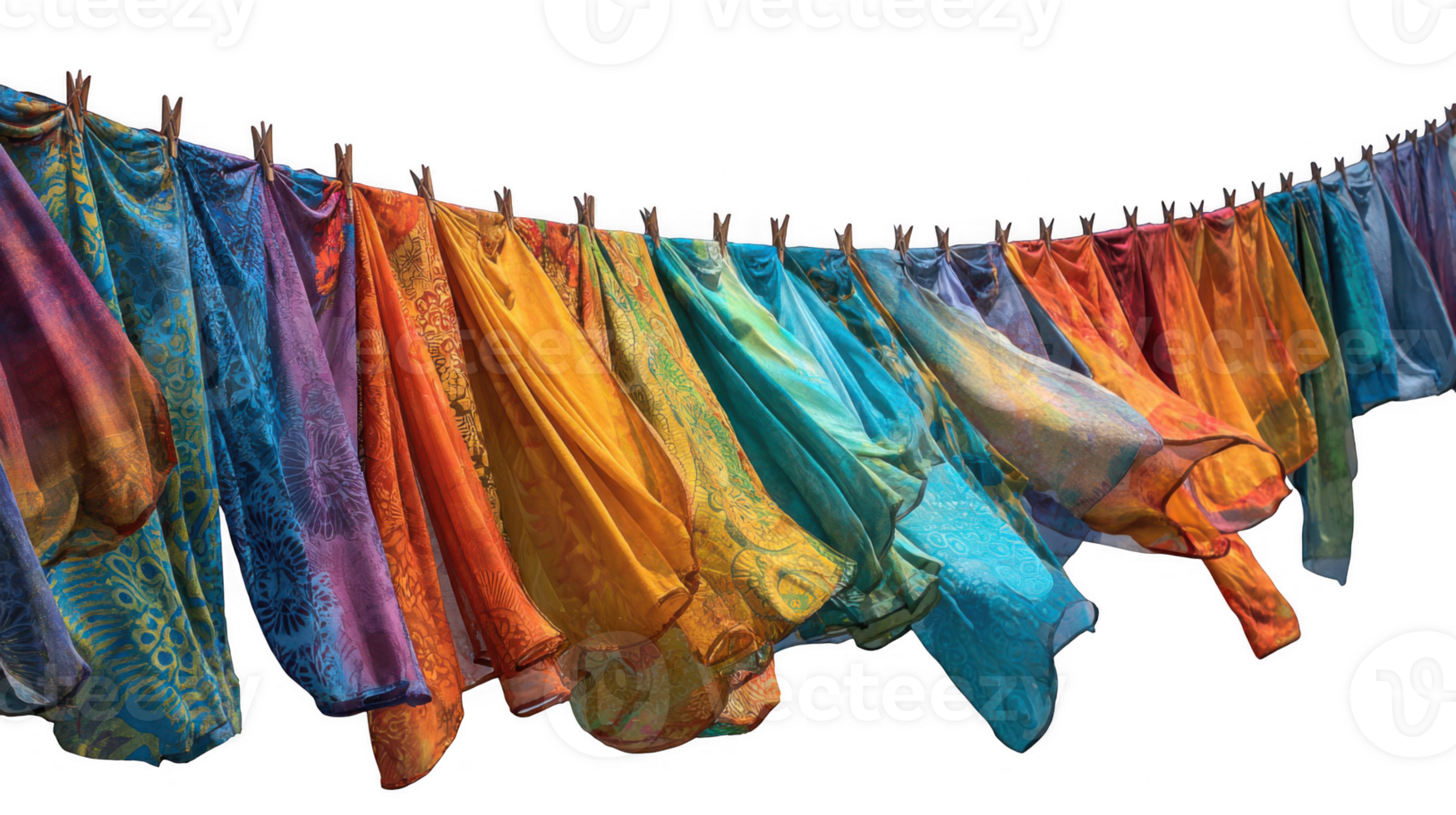Colorful fabrics drying on clothesline with transparent background png