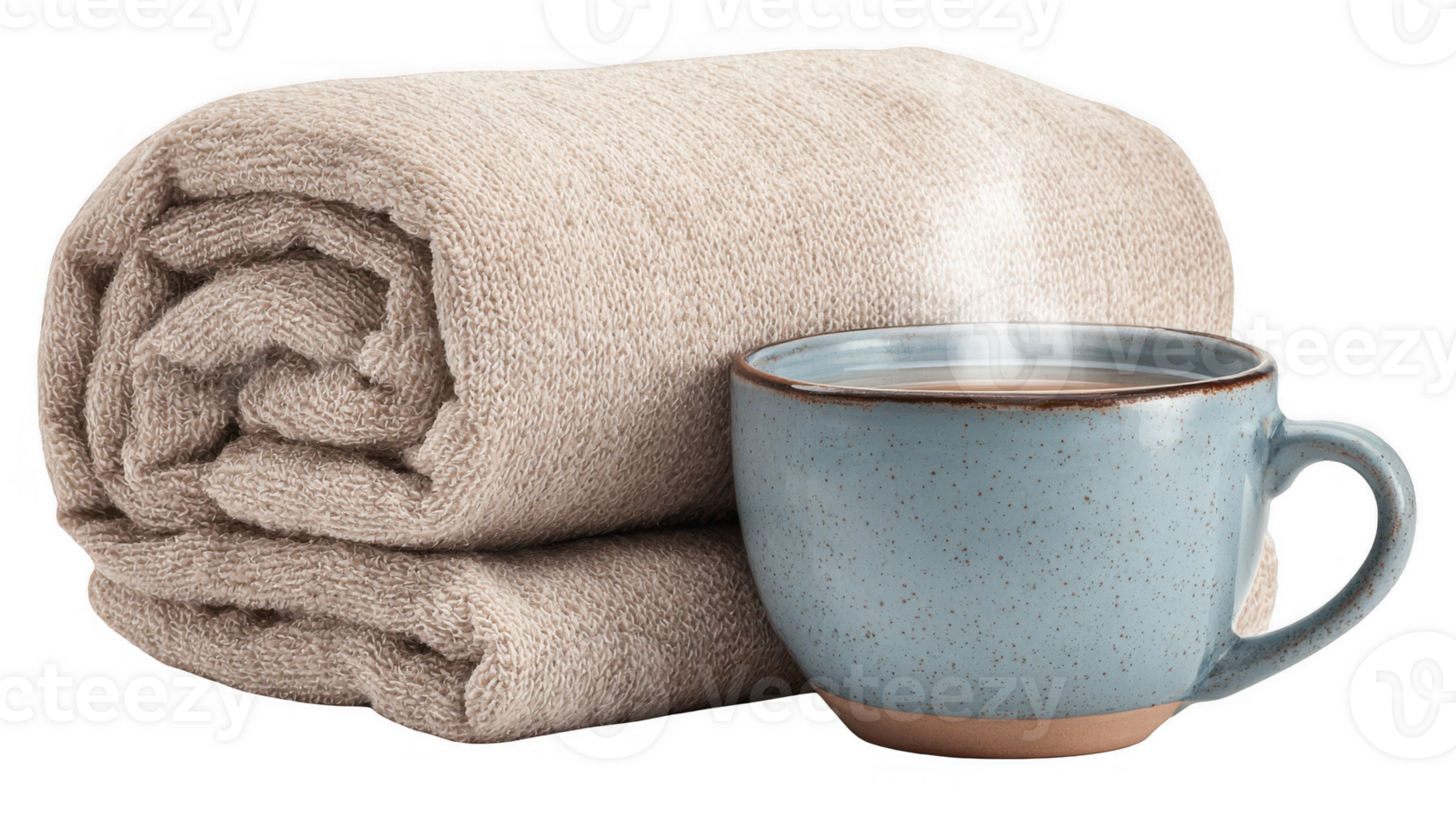 Steaming mug and folded blanket creating cozy atmosphere on transparent background png