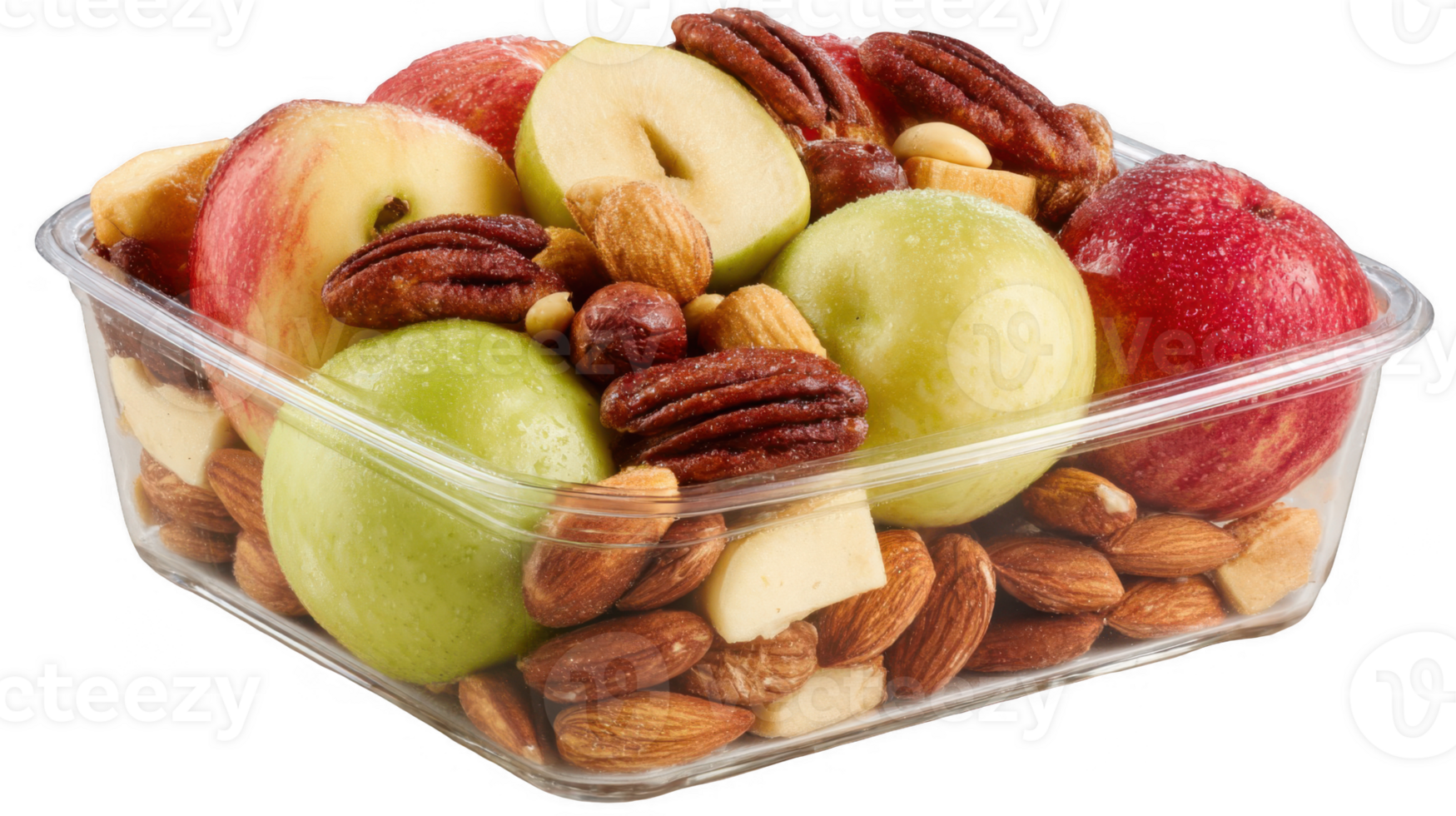 Plastic container brimming with fresh apples and assorted nuts on transparent background png