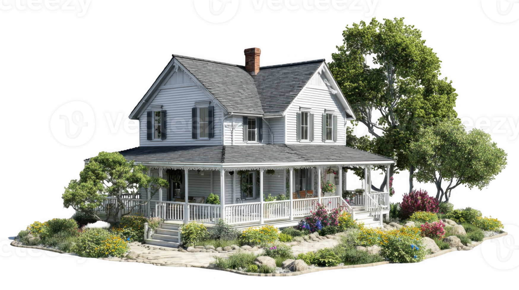 Classic white sunlit farmhouse with porch and blooming garden on transparent background png