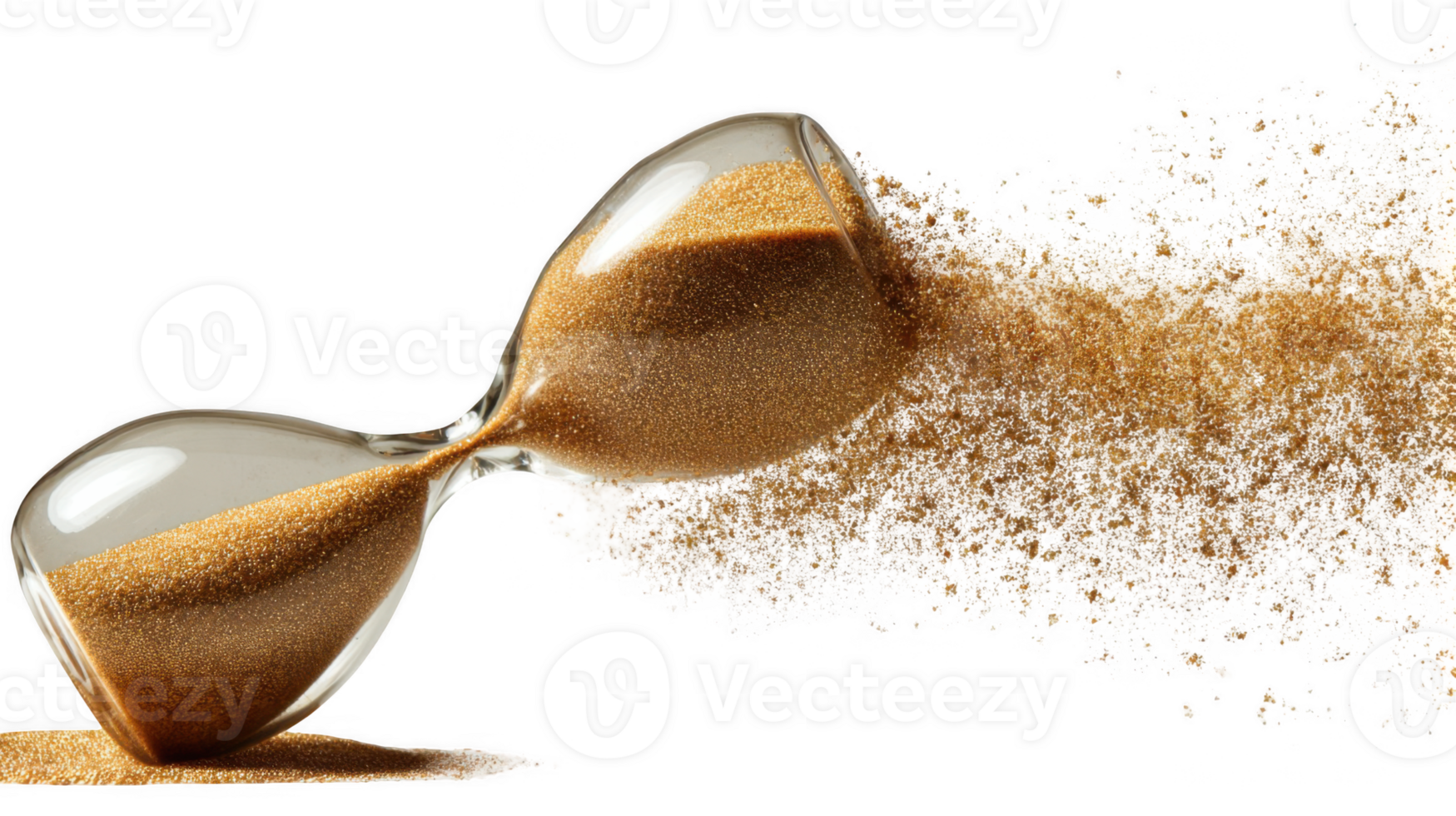 Broken hourglass dispersing sand, time is running out on transparent background png
