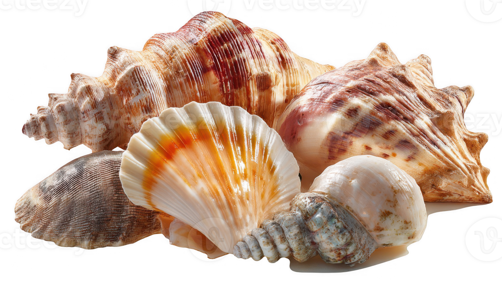 Warm sunlight capturing beauty of assorted seashells on transparent background png