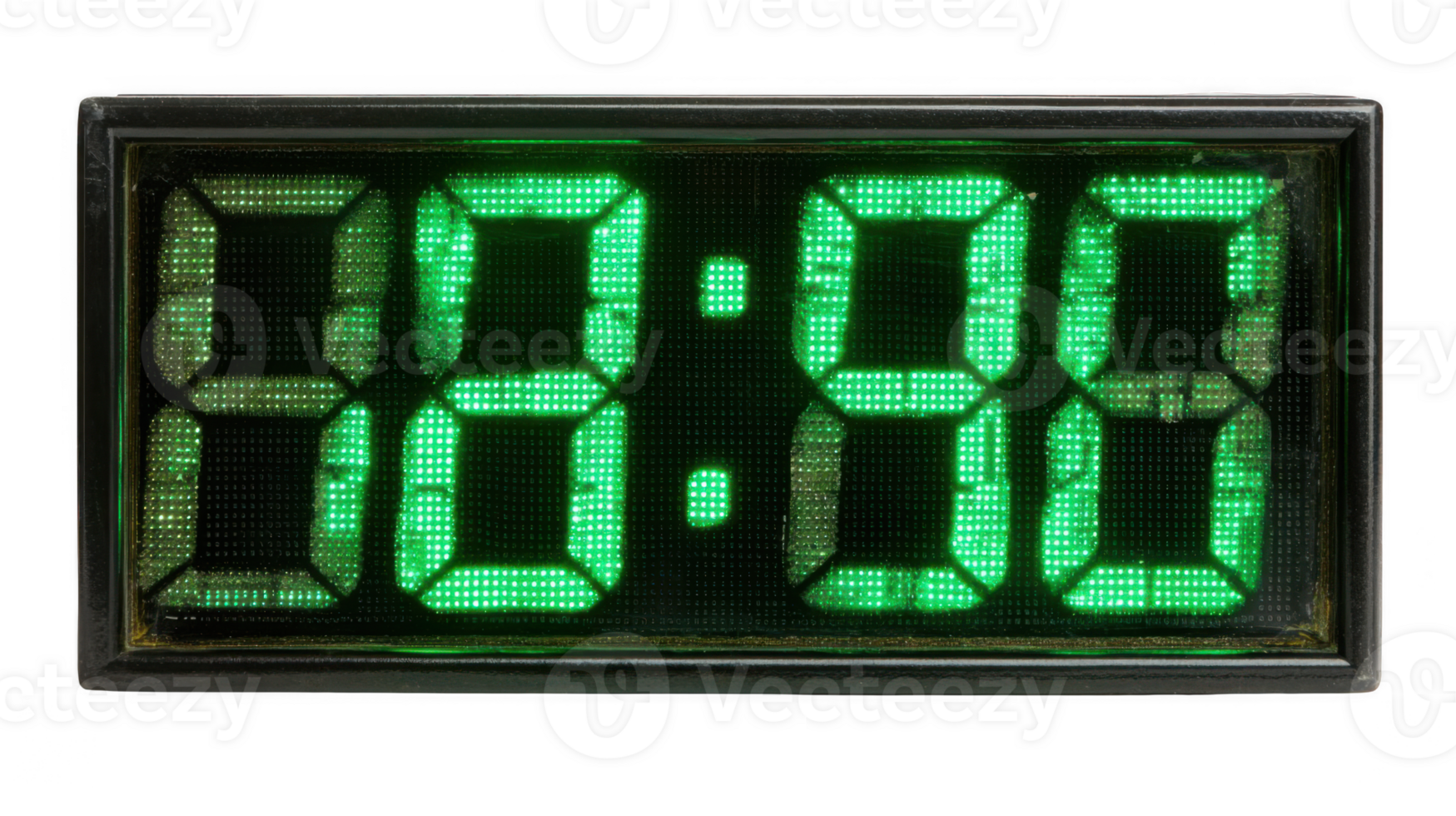 Green led clock showing 00,00 on transparent background png