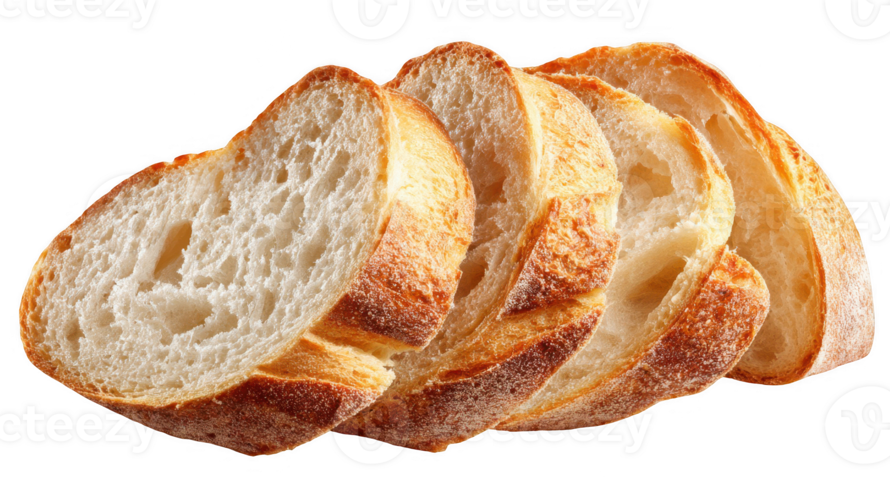 Sliced sourdough bread displaying open crumb structure on transparent background png