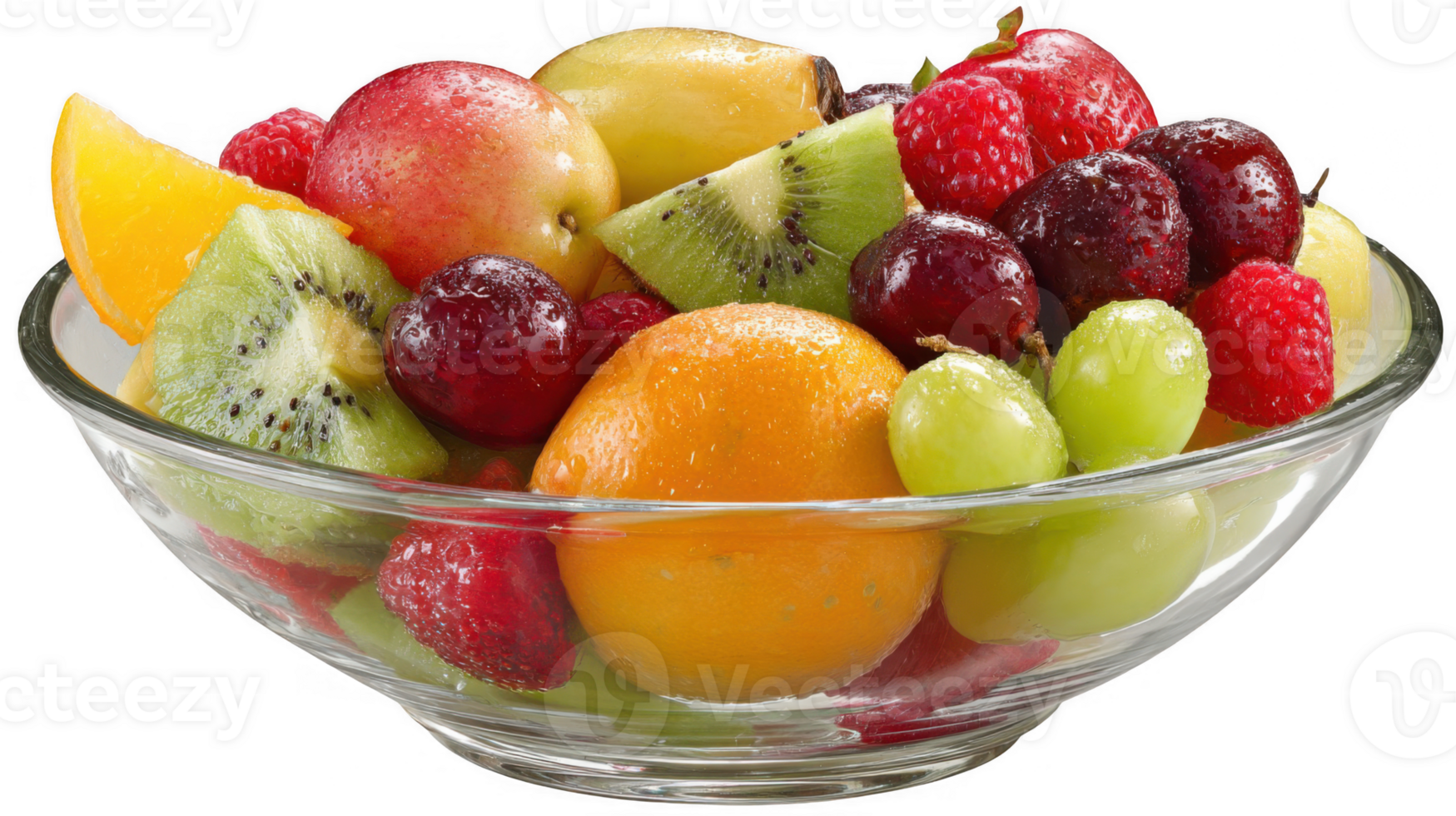 Glass bowl overflowing with fresh, vibrant mixed fruit on transparent background png