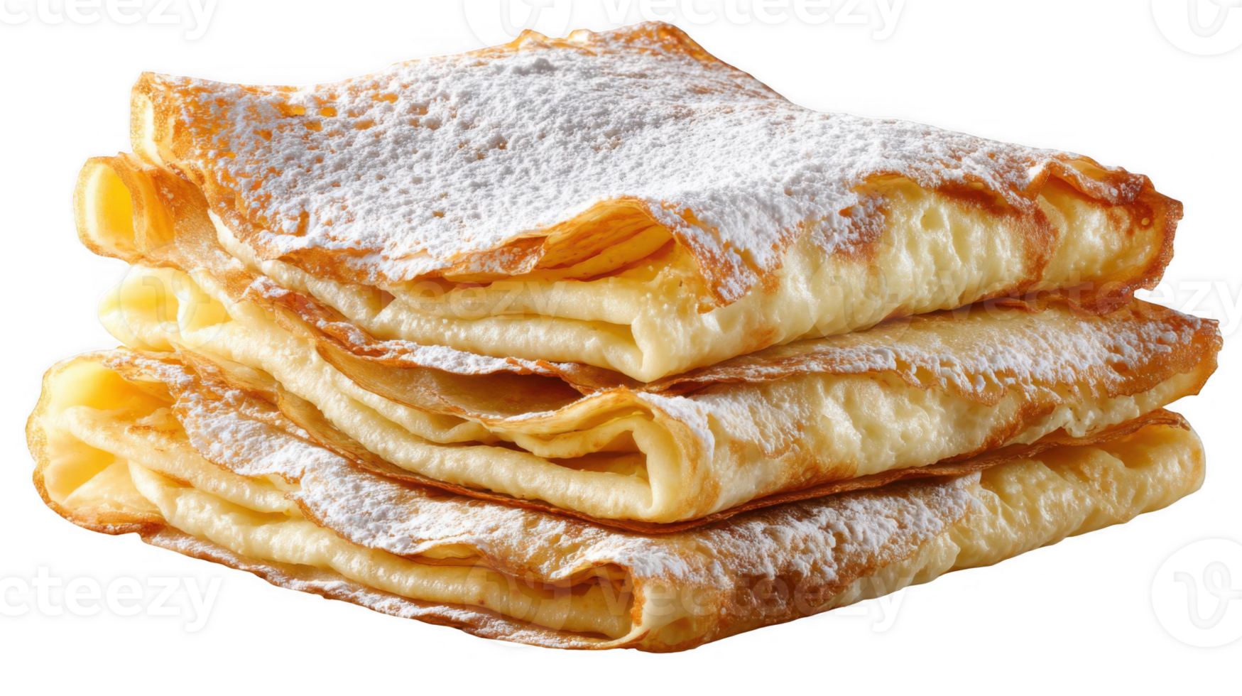 Stack of delicious soft crepes with powdered sugar on transparent background png
