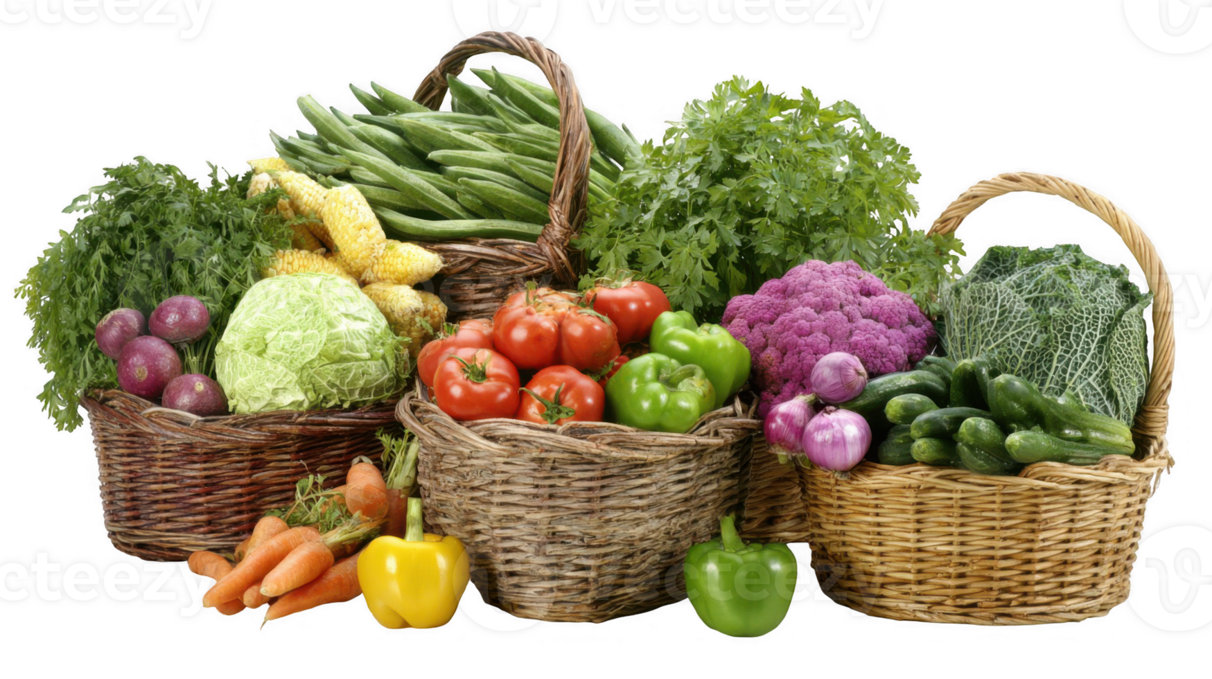 Wicker baskets overflowing with fresh garden vegetables on transparent background png