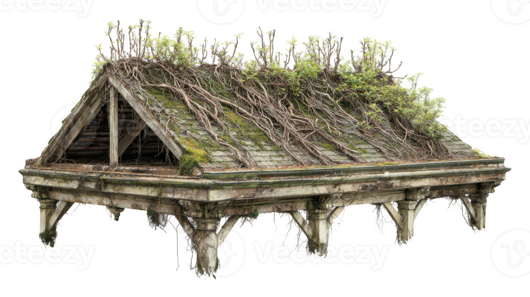 Derelict station roof covered with plants and roots on transparent background png